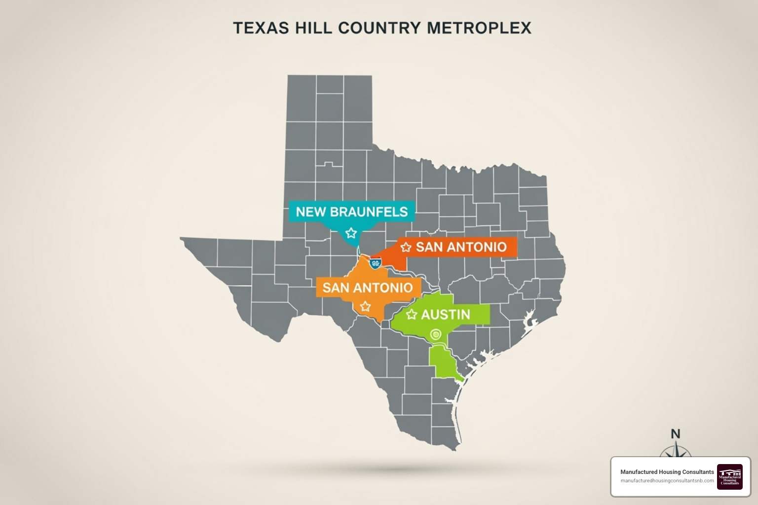 a map highlighting New Braunfels, San Antonio, and Austin - second hand mobile homes for sale