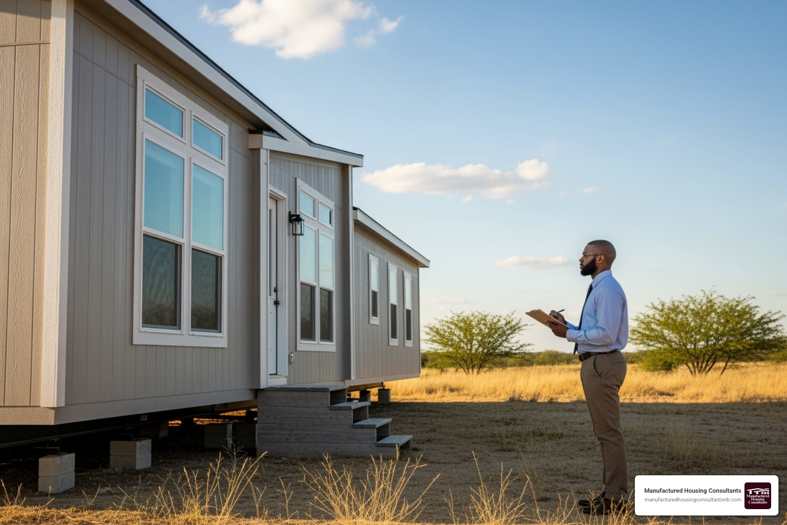 a person inspecting the exterior of a mobile home with a clipboard - second hand mobile homes for sale