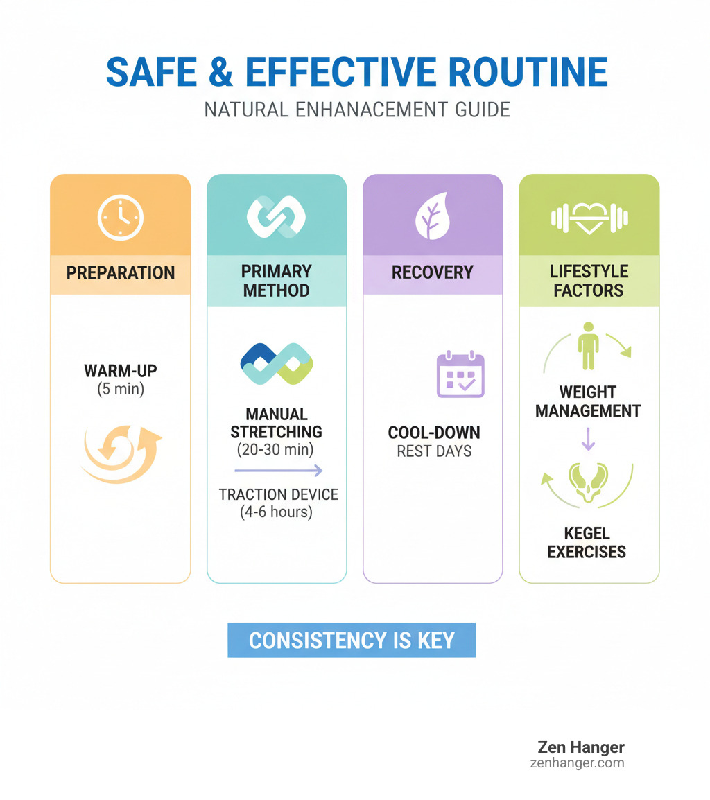 infographic showing a safe penis enlargement routine: warm-up (5 min), manual stretching or traction device use (20-30 min for stretching, 4-6 hours for traction), cool-down, rest days, combined with lifestyle factors like weight management and kegel exercises - best penis enlargement routine infographic 