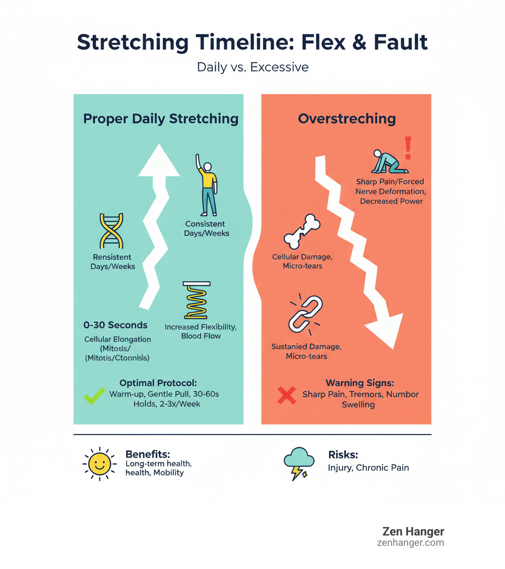 infographic showing the timeline and effects of proper daily stretching versus overstretching, including cellular changes, recommended duration limits, warning signs, and optimal stretching protocols - what happens if you stretch all day infographic 