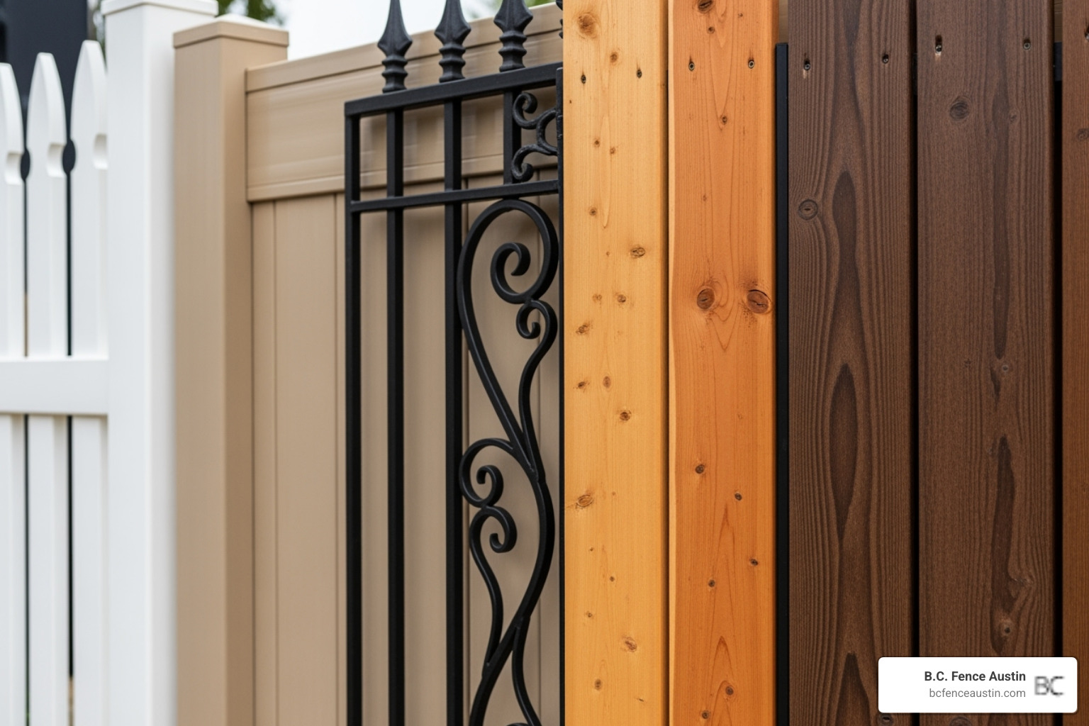various fence material samples like wood, vinyl, and iron - Fence replacement cost Austin