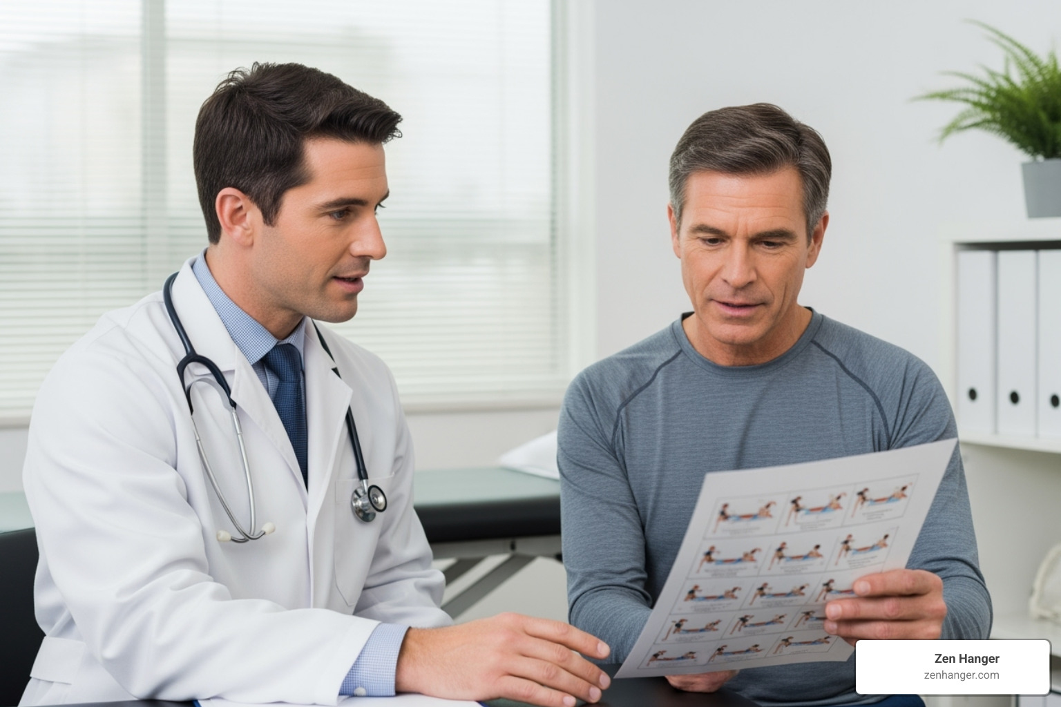 a medical professional consulting with a patient about a stretching regimen - what happens if you stretch all day