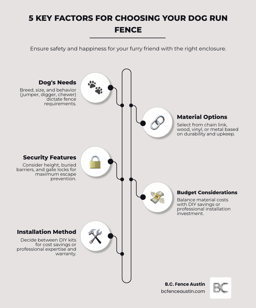 Infographic showing 5 key factors for choosing a dog run fence: 1. Dog's Needs (breed, size, behavior like jumping or digging), 2. Material Options (chain link, wood, vinyl, metal), 3. Security Features (height, buried barriers, gate locks), 4. Budget Considerations (material costs, DIY vs professional), 5. Installation Method (DIY kits vs expert installation with warranties) - fence for dog run infographic infographic-line-5-steps-elegant_beige