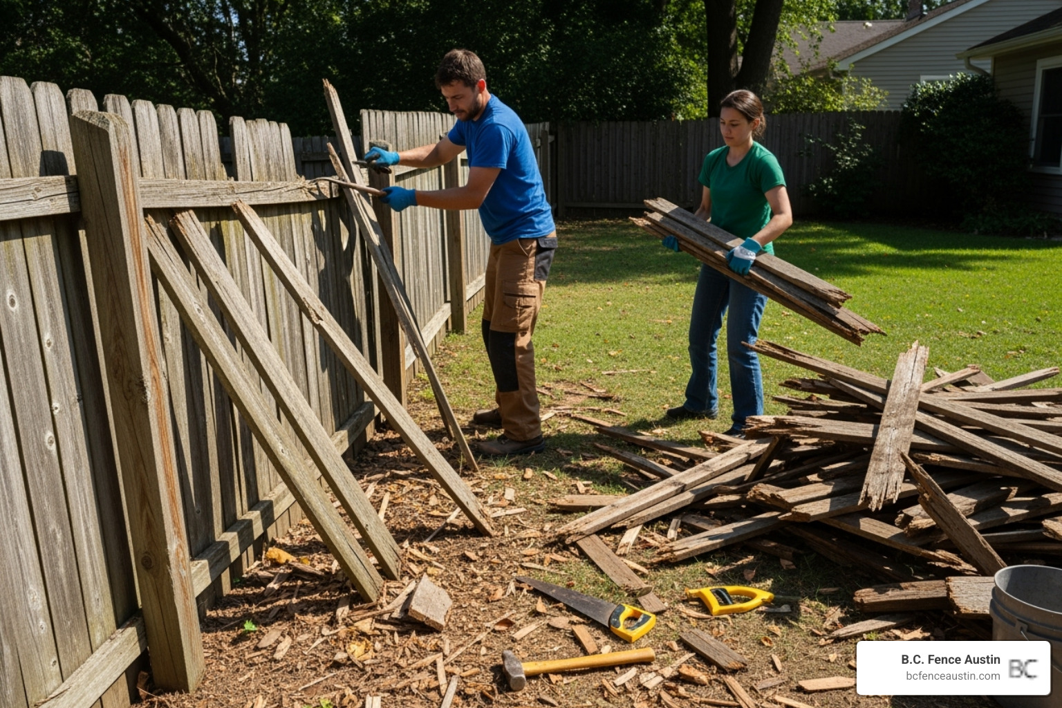 old, dilapidated fence being removed - Fence replacement cost Austin