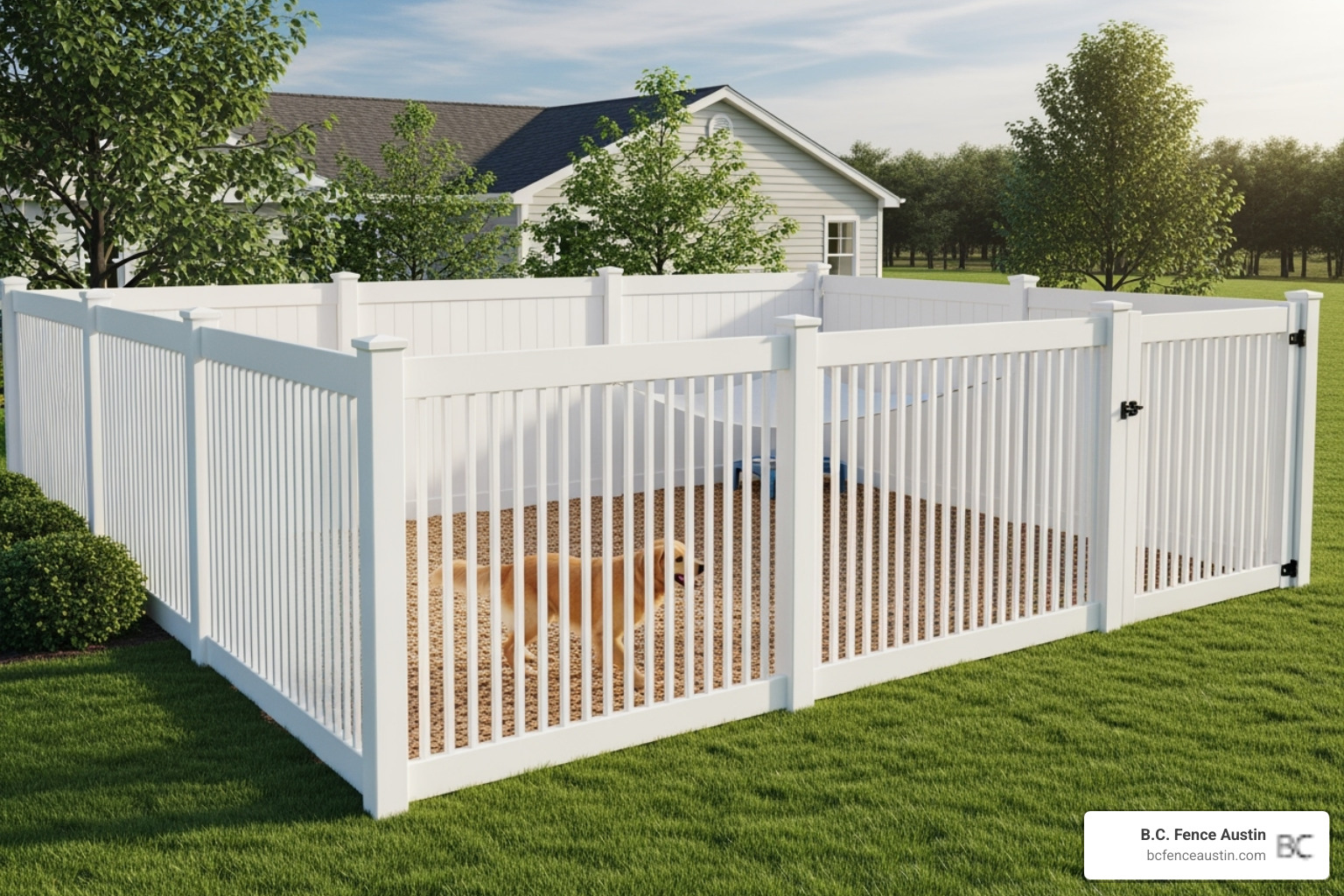clean, white vinyl privacy fence used for a dog run - fence for dog run