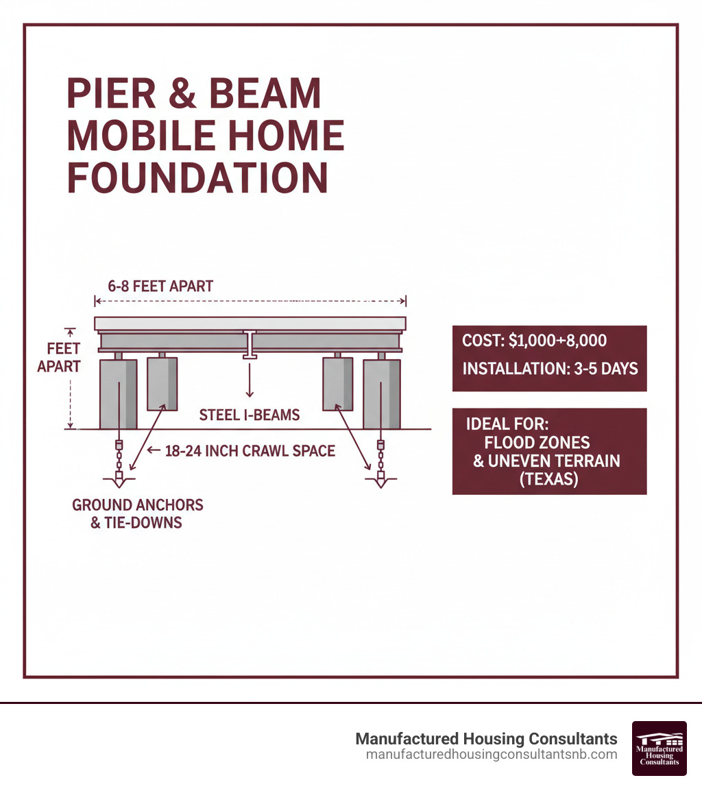 Infographic showing pier and beam foundation components: concrete piers spaced 6-8 feet apart supporting steel I-beams, with ground anchors and tie-downs, creating an 18-24 inch crawl space, typical cost range $1,000-$8,000, installation time 3-5 days, suitable for flood zones and uneven Texas terrain - pier and beam foundation mobile home infographic 
