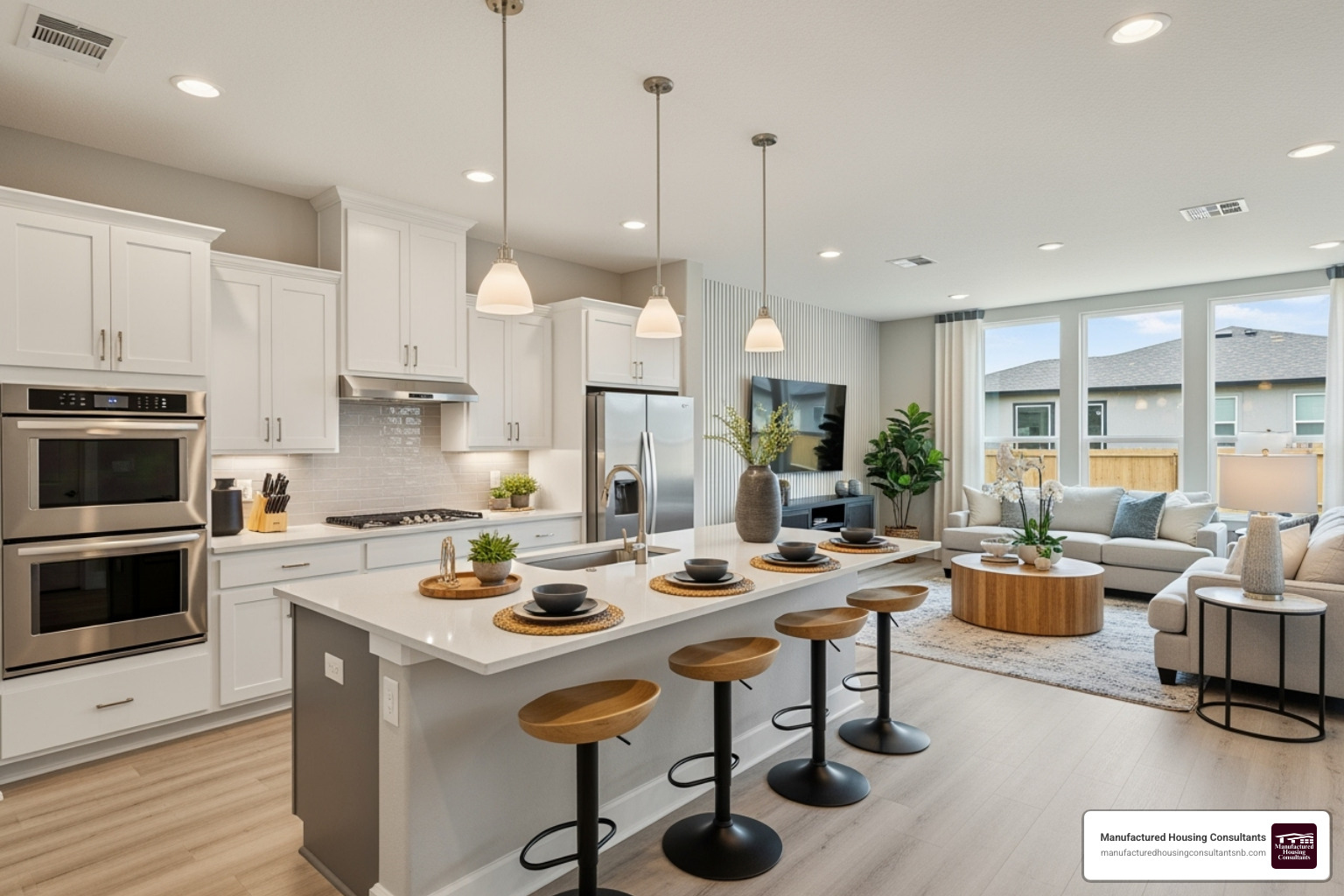 A bright, open-concept kitchen and living area in a modern double-wide home, featuring a large island, stainless steel appliances, and contemporary decor. - modern double wide home A bright, open-concept kitchen and living area in a modern double-wide home, featuring a large island, stainless steel appliances, and contemporary decor. - modern double wide home