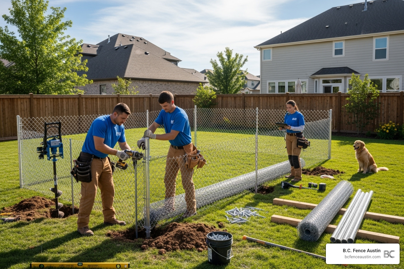 professional fence installers working on a dog run - fence for dog run