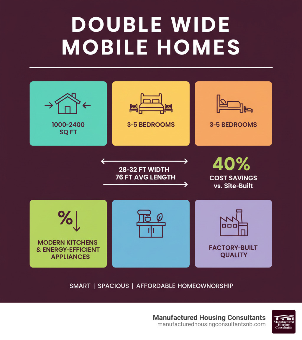 infographic showing large double wide mobile homes specifications: size range from 1000-2400 square feet, 3-5 bedrooms, 28-32 feet width, 76 feet average length, 40% cost savings versus site-built homes, and typical features including modern kitchens and energy-efficient appliances - large double wide mobile homes infographic 