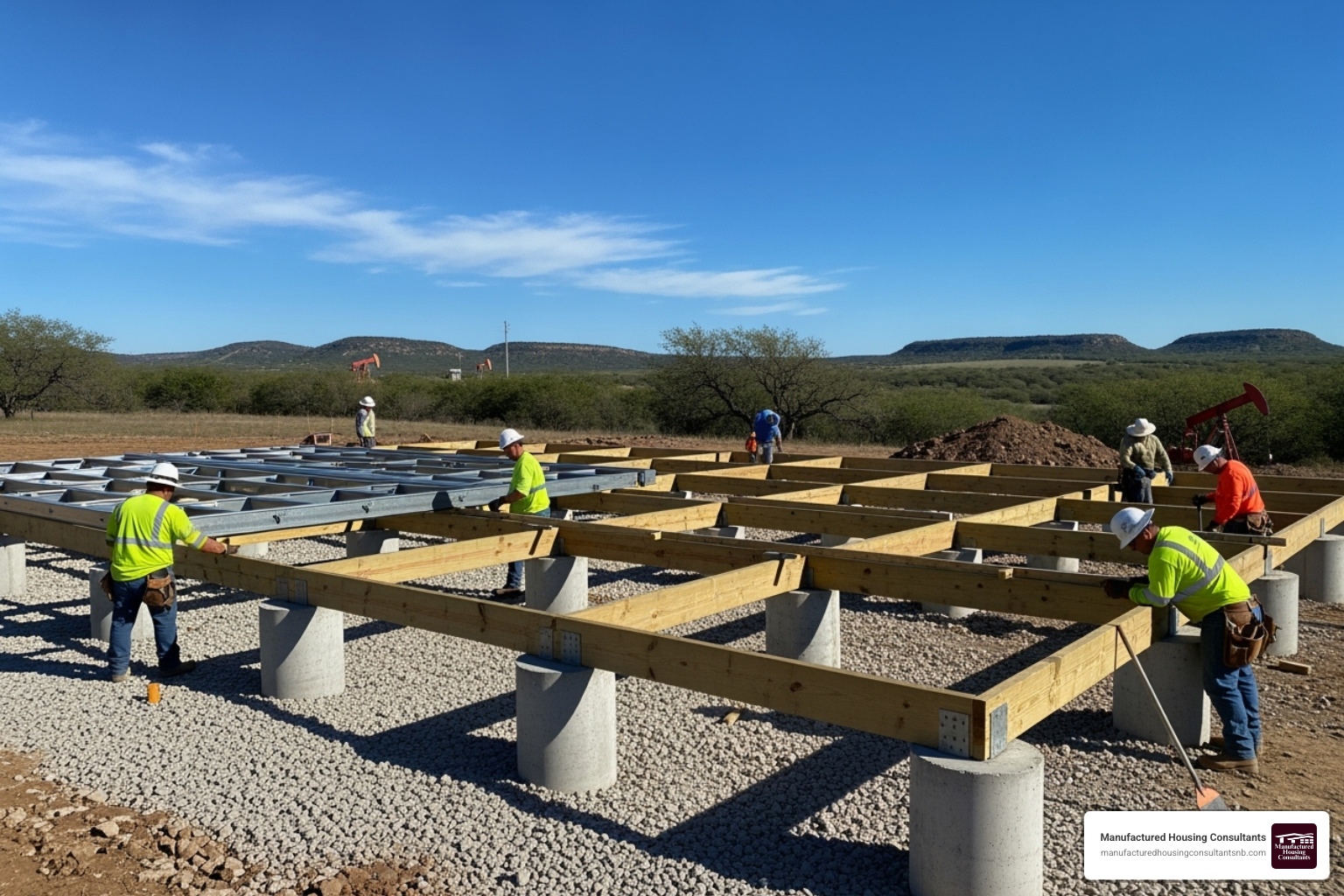 a pier and beam foundation being installed on a prepared site in Texas - pier and beam foundation mobile home
