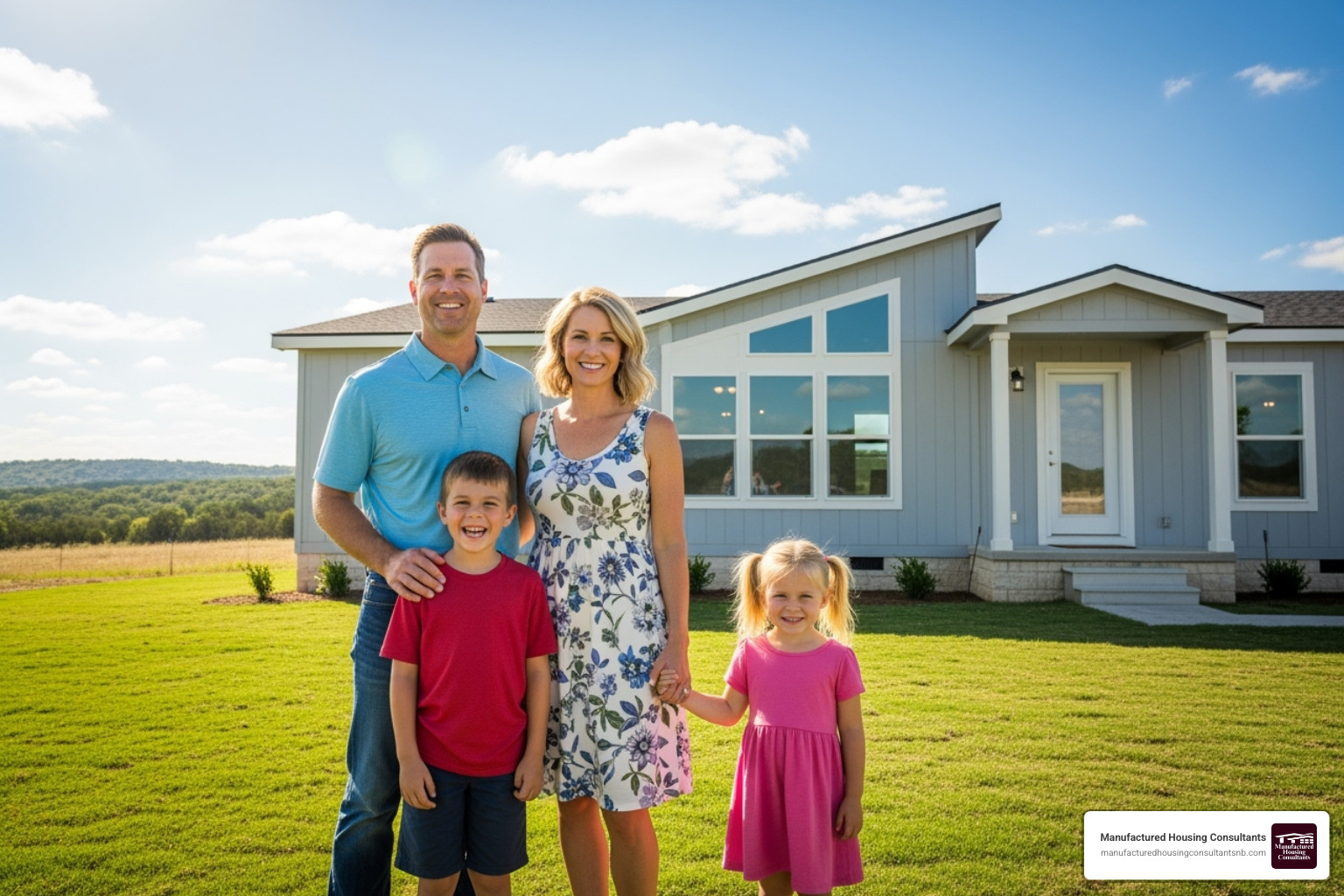 happy family in front of their new double wide mobile home - large double wide mobile homes
