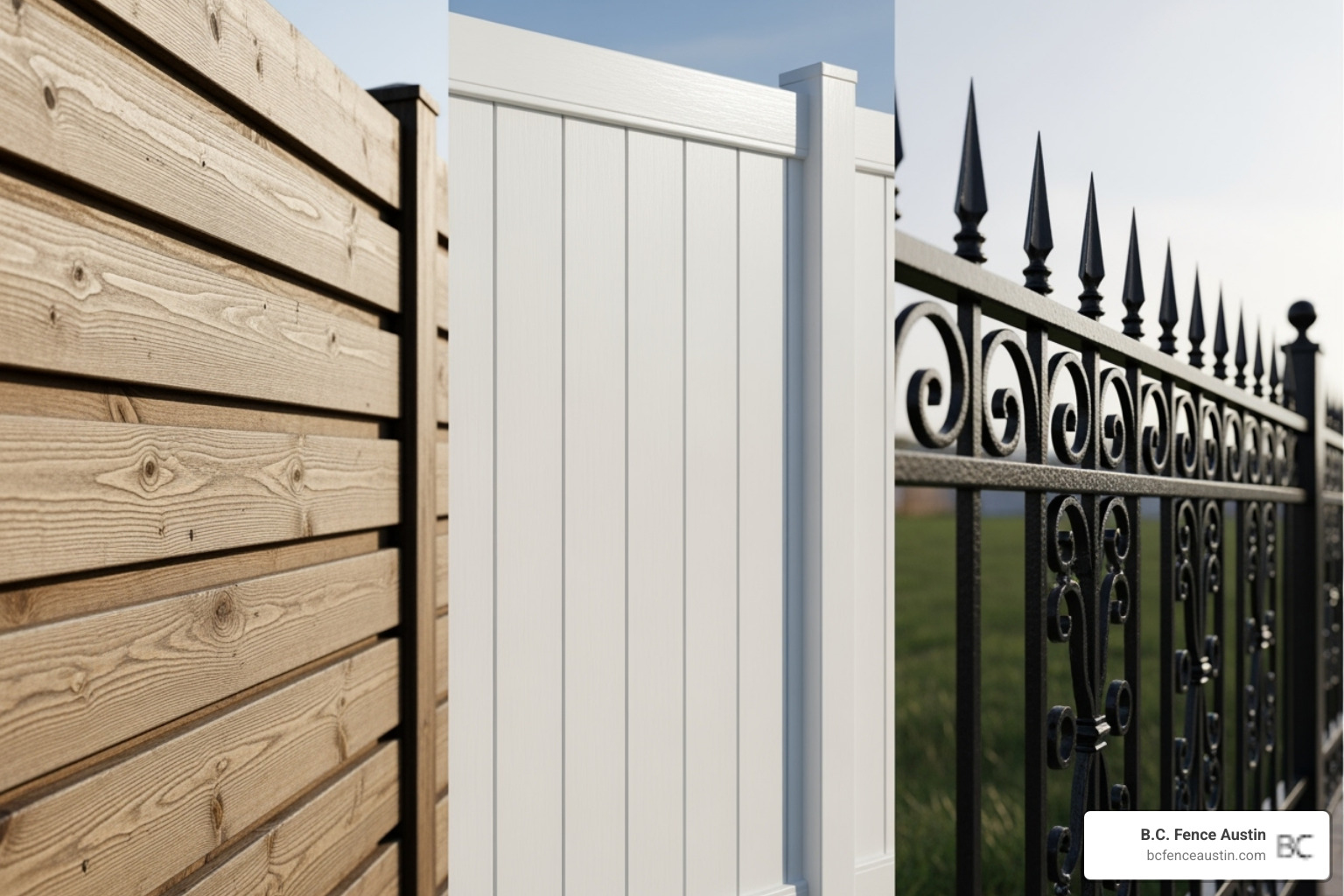 collage showing wood, vinyl, and ornamental iron fence styles - fence installation Round Rock