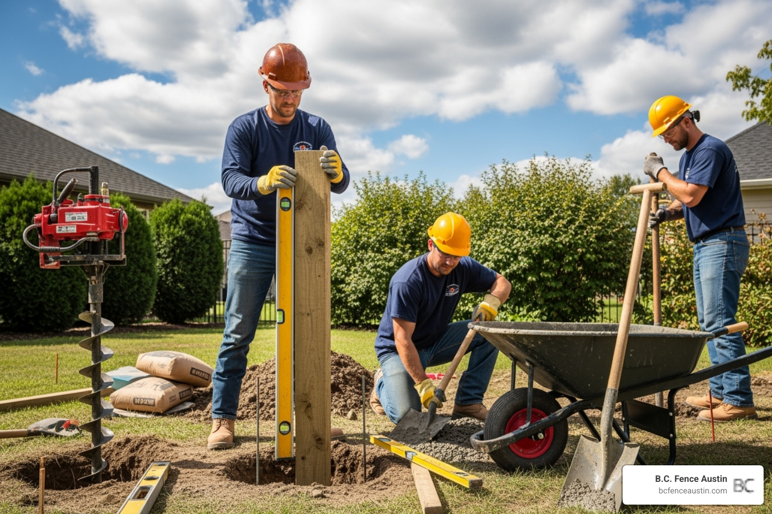 professional crew setting a fence post in concrete - fence installation Round Rock
