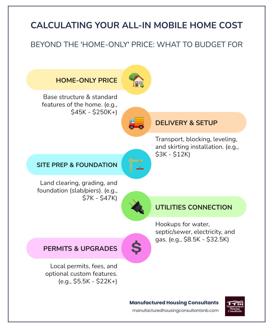 Infographic showing the breakdown of mobile home costs: Home-Only Price (base structure), plus Delivery & Setup ($3,000-$12,000), Site Prep & Foundation ($7,000-$47,000), Utilities Connection ($8,500-$32,500), Permits & Fees ($500-$2,000+), and optional Upgrades ($5,000-$20,000), illustrating how the final all-in cost is calculated - how much are brand new mobile homes infographic infographic-line-5-steps-colors
