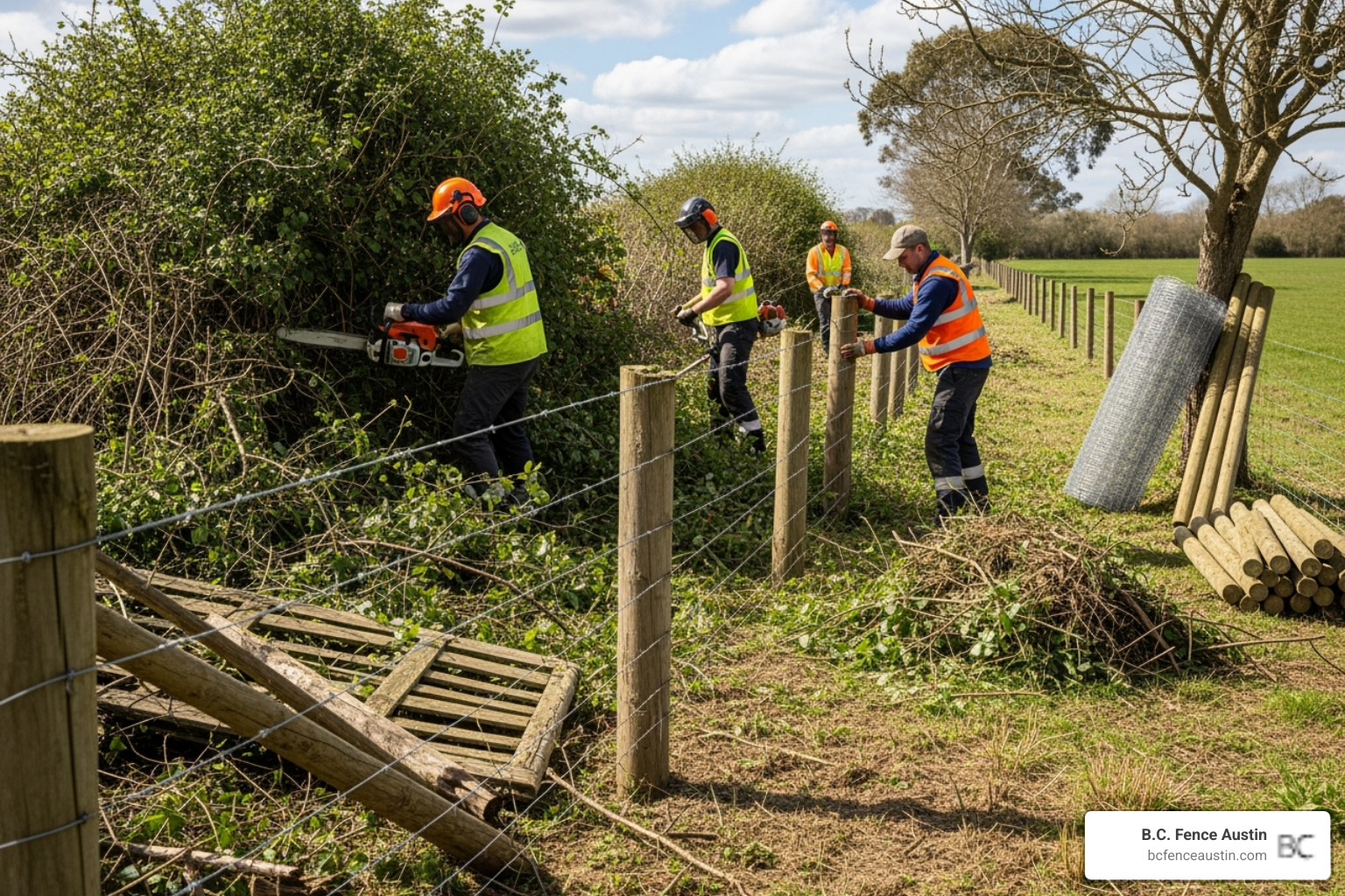 image of a fence line being cleared of brush and old fencing material before a new installation - average cost per foot to install privacy fence image of a fence line being cleared of brush and old fencing material before a new installation - average cost per foot to install privacy fence