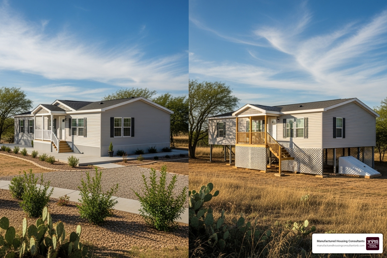 side-by-side comparison of a permanent (slab) and non-permanent (pier and beam) foundation - manufactured home foundation types