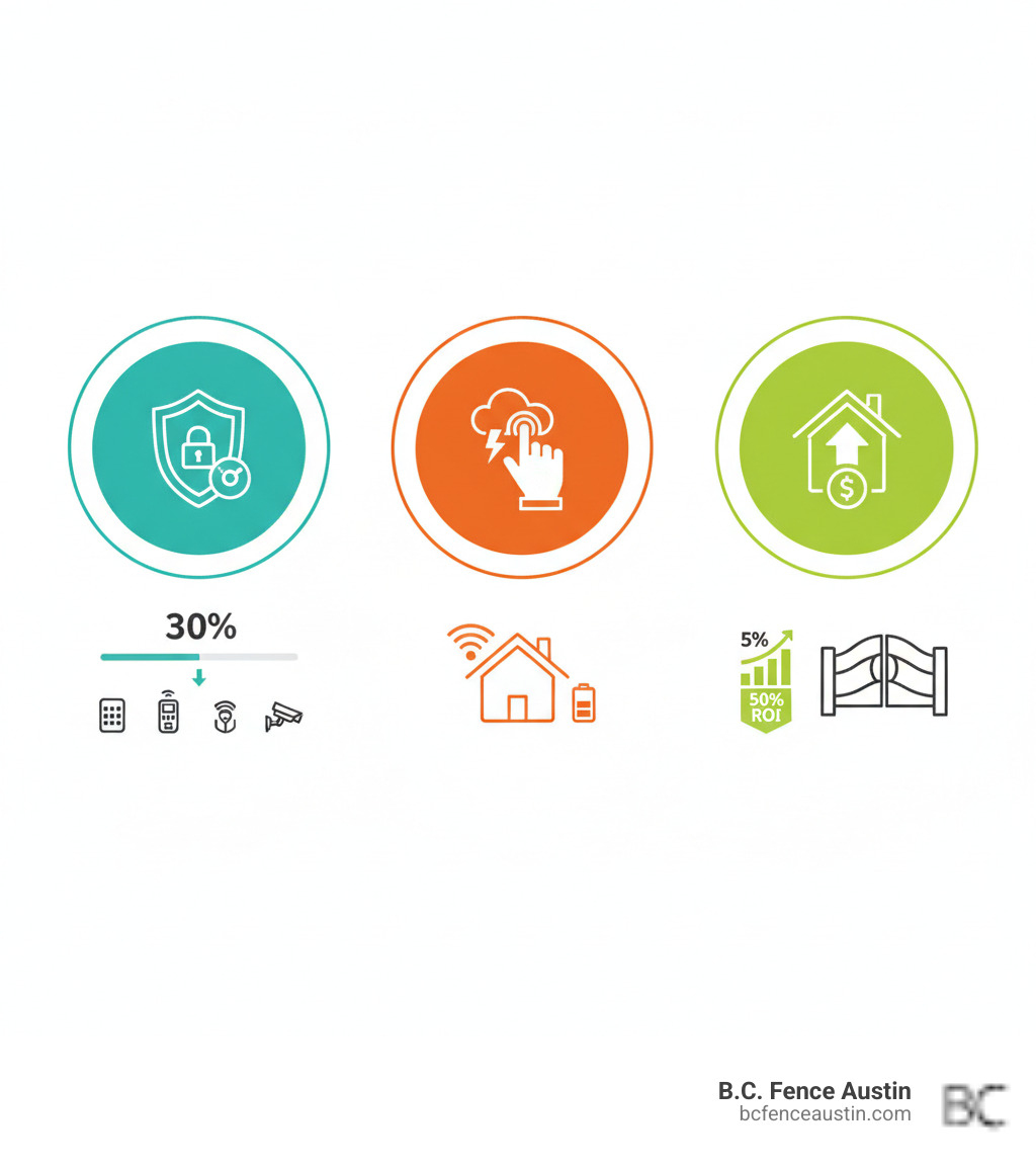 Infographic showing three main benefits of automatic gate installation: 1) Security - reduces unauthorized access by 30% with features like keypad entry, remote control, and integration with security cameras. 2) Convenience - operates with push of button in any weather, includes smart home integration and backup power options. 3) Property Value - increases home value up to 5% with approximately 50% ROI, enhances curb appeal and creates modern aesthetic. - automatic gate installation infographic 