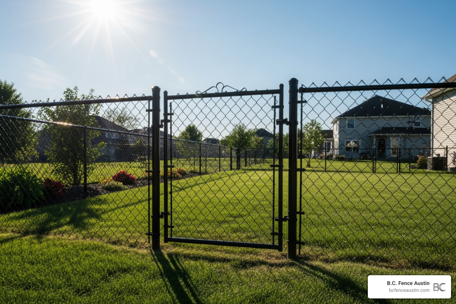 a black vinyl chain link fence with a matching walkway gate - cost to install 6ft chain link fence