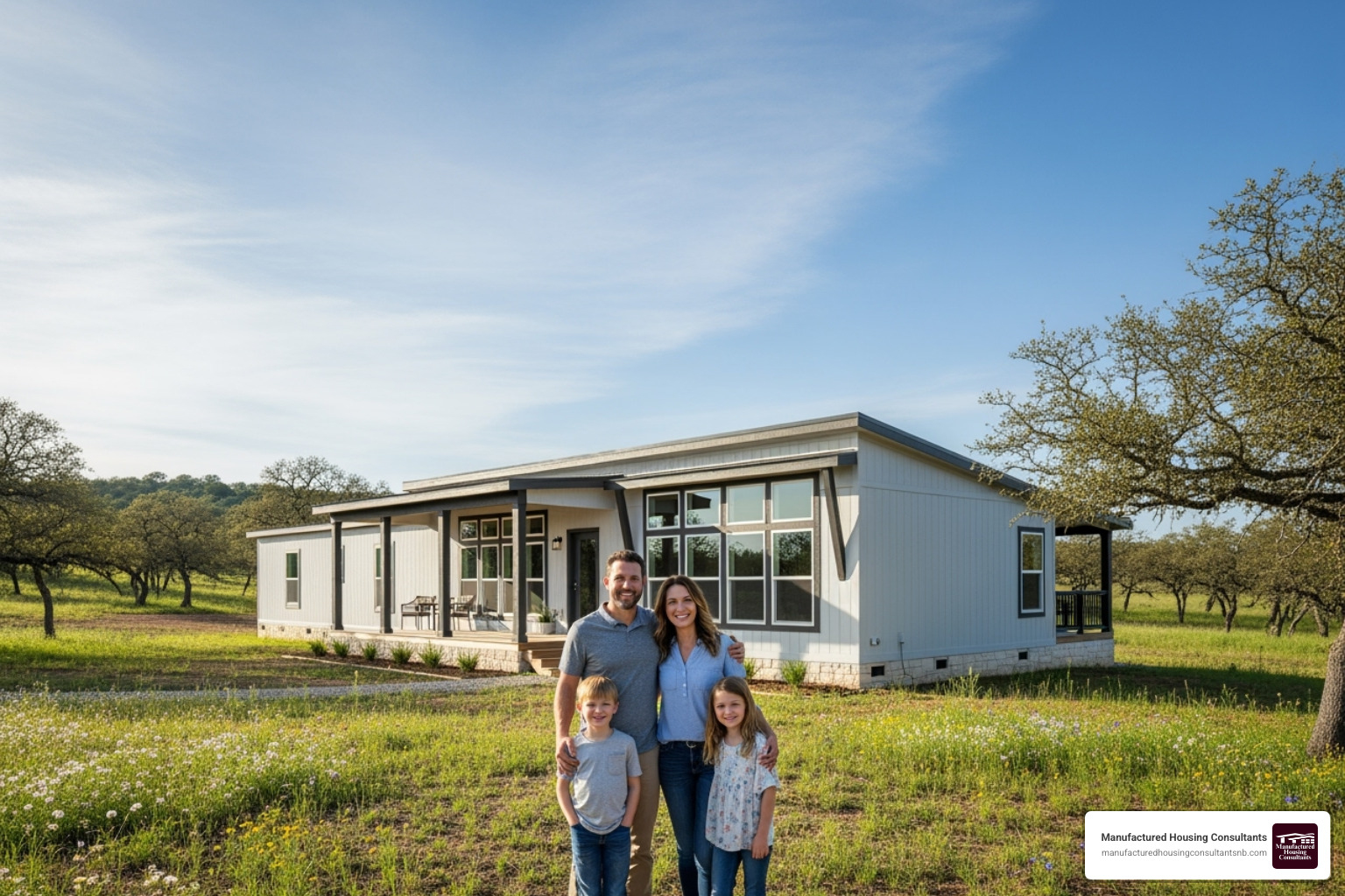 family standing happily in front of their new manufactured home in the Texas Hill Country - two bedroom mobile homes family standing happily in front of their new manufactured home in the Texas Hill Country - two bedroom mobile homes
