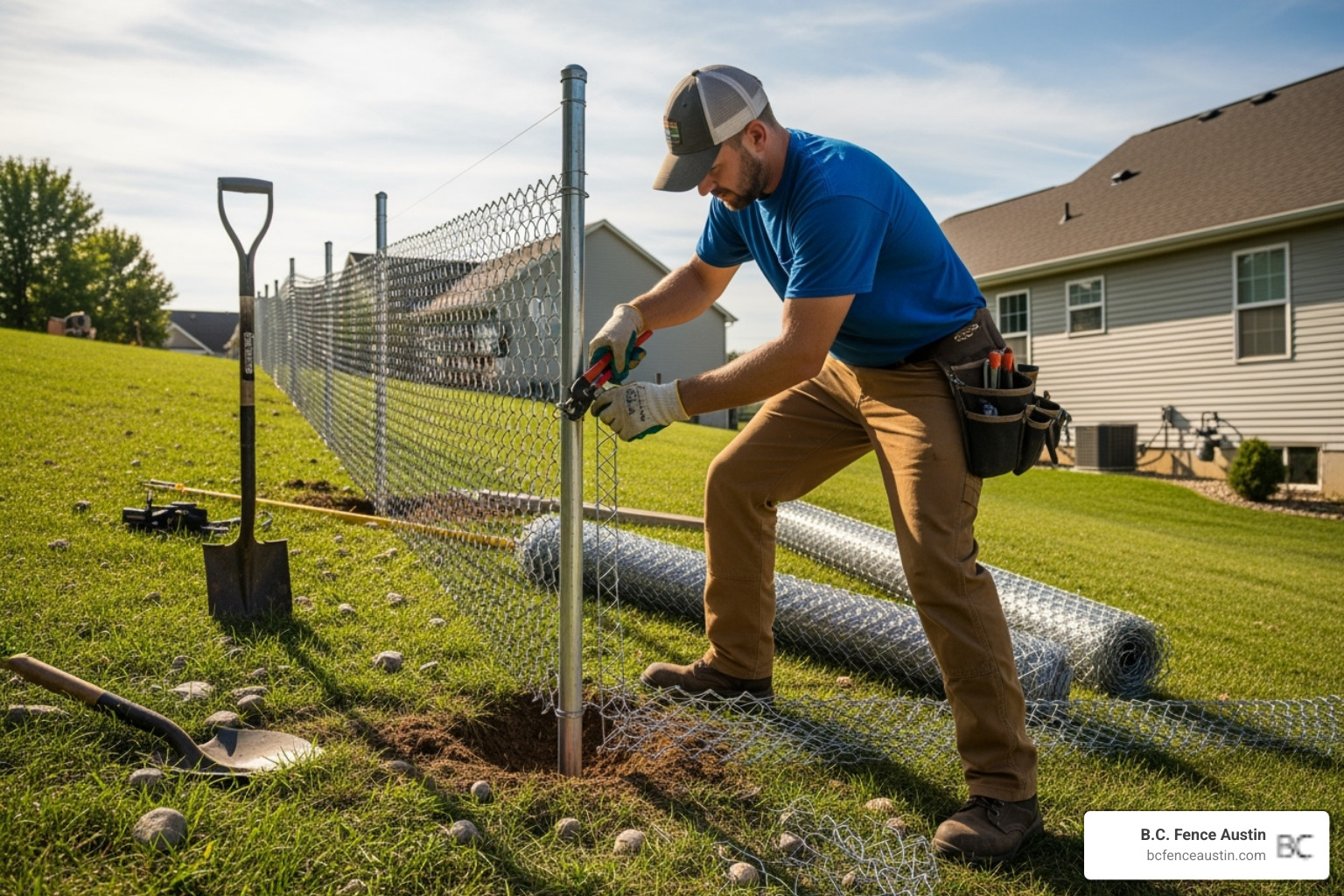 a professional installing a chain link fence on a sloped yard - cost to install 6ft chain link fence