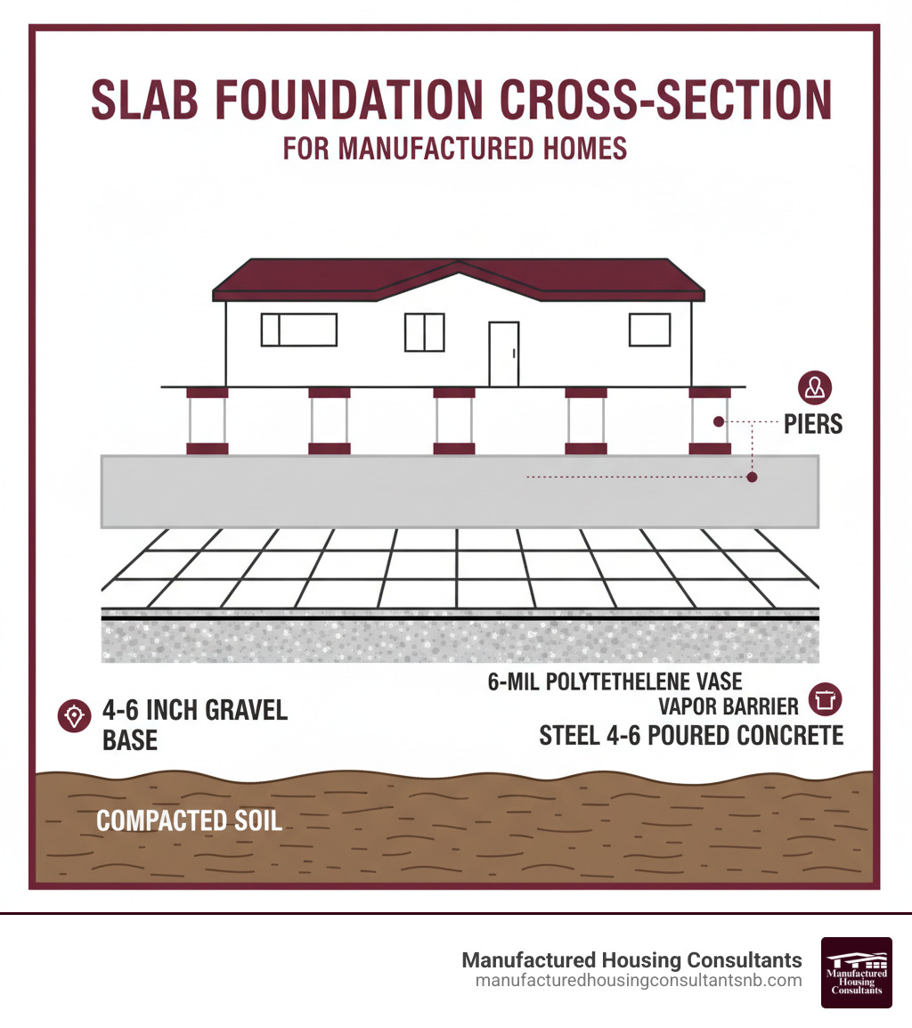 infographic showing cross-section of a slab foundation with labeled layers: compacted soil at bottom, 4-6 inch gravel base, 6-mil polyethylene vapor barrier, steel rebar grid, and 4-6 inch poured concrete on top, with a manufactured home sitting on piers above the slab - slab foundation for mobile home infographic  infographic showing cross-section of a slab foundation with labeled layers: compacted soil at bottom, 4-6 inch gravel base, 6-mil polyethylene vapor barrier, steel rebar grid, and 4-6 inch poured concrete on top, with a manufactured home sitting on piers above the slab - slab foundation for mobile home infographic