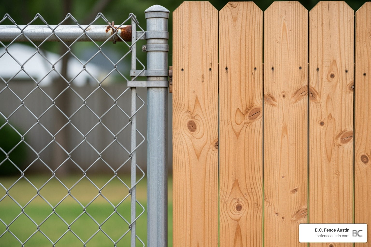 a chain link fence next to a wood privacy fence for comparison - cost to install 6ft chain link fence