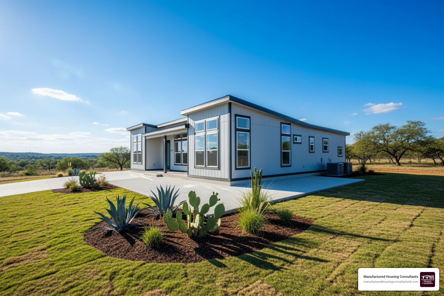 Modern manufactured home on a well-maintained concrete slab in a sunny Texas landscape - slab foundation for mobile home Modern manufactured home on a well-maintained concrete slab in a sunny Texas landscape - slab foundation for mobile home