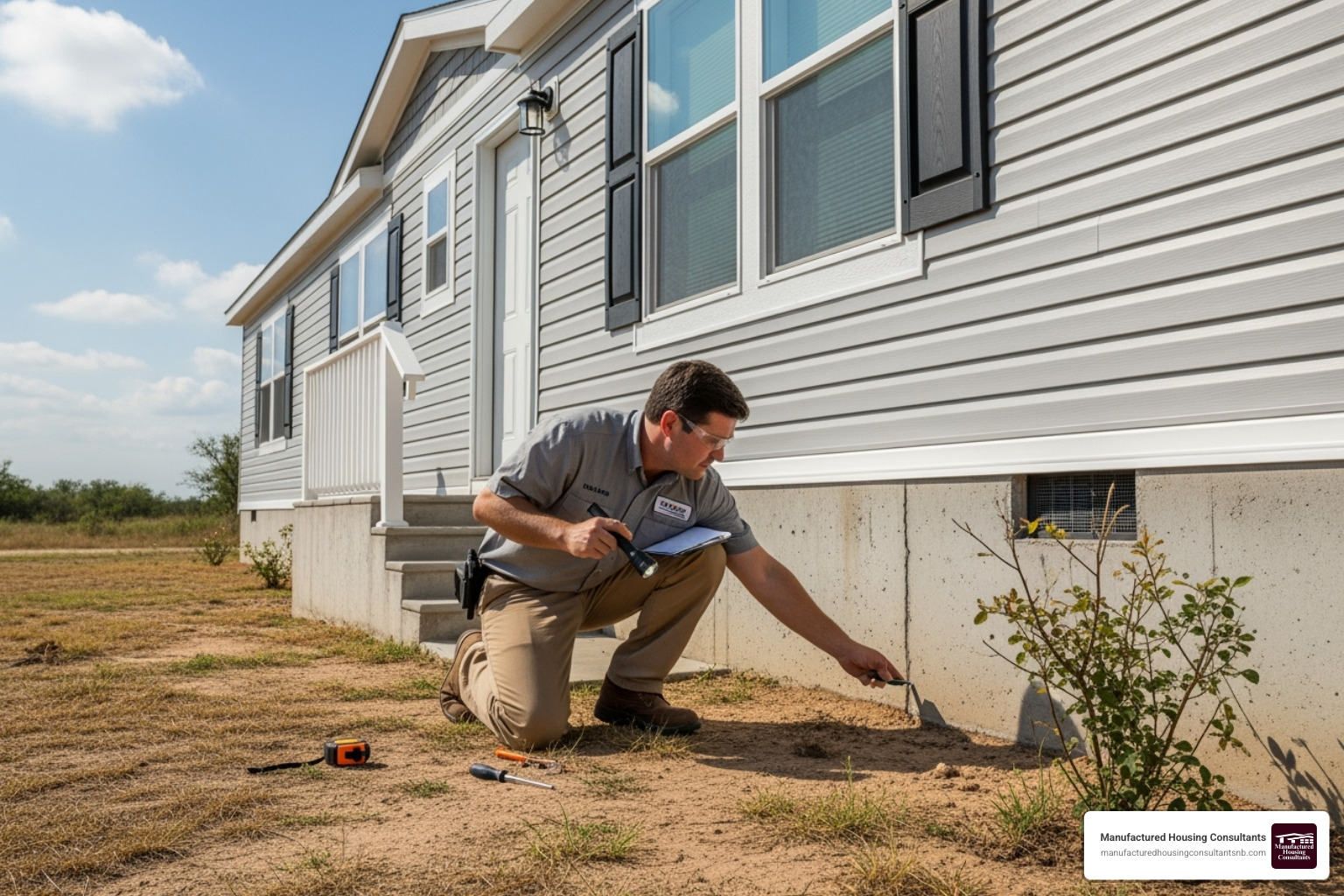 A professional inspector checking the foundation and skirting of a modern manufactured home in Texas. - repossessed house trailers for sale A professional inspector checking the foundation and skirting of a modern manufactured home in Texas. - repossessed house trailers for sale