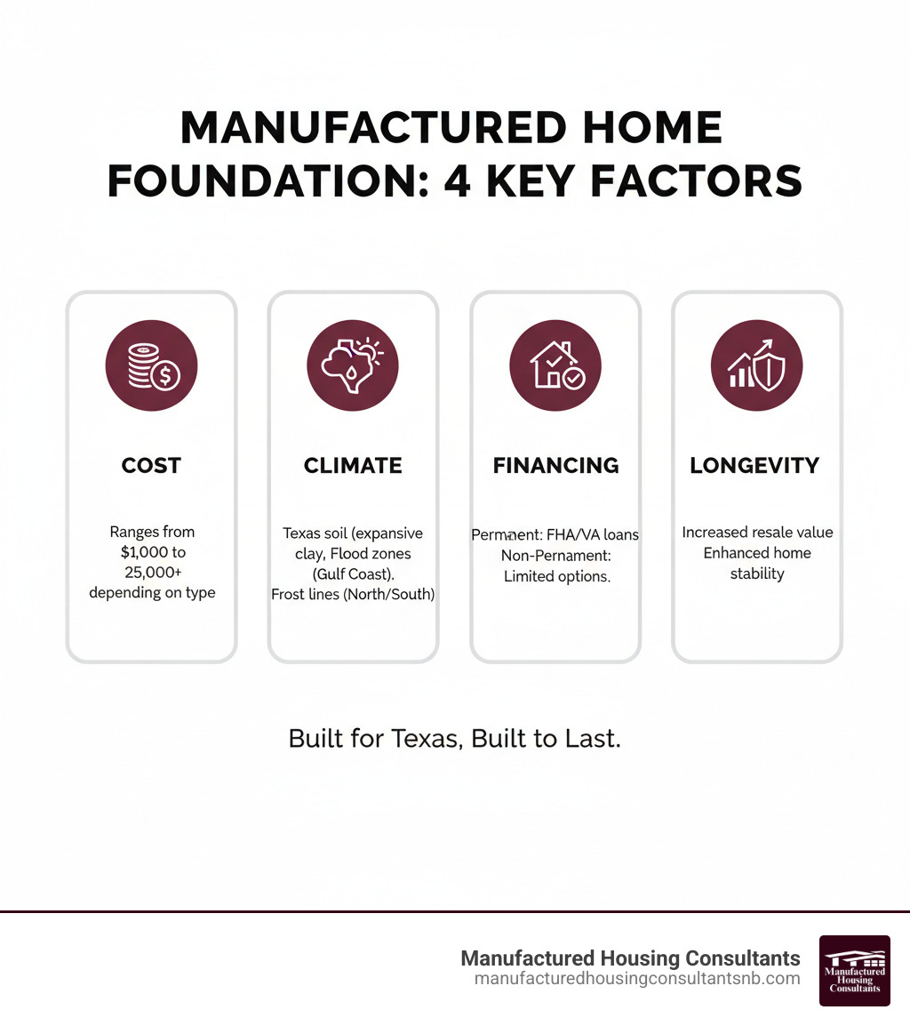Infographic showing four key factors for choosing a manufactured home foundation: Cost ranges from $1,000 to $25,000+ depending on type; Climate considerations including Texas soil conditions, flood zones, and frost lines; Financing impact with permanent foundations qualifying for FHA/VA loans while non-permanent may limit options; Longevity showing permanent foundations increase resale value and home stability over time - manufactured home foundation types infographic 