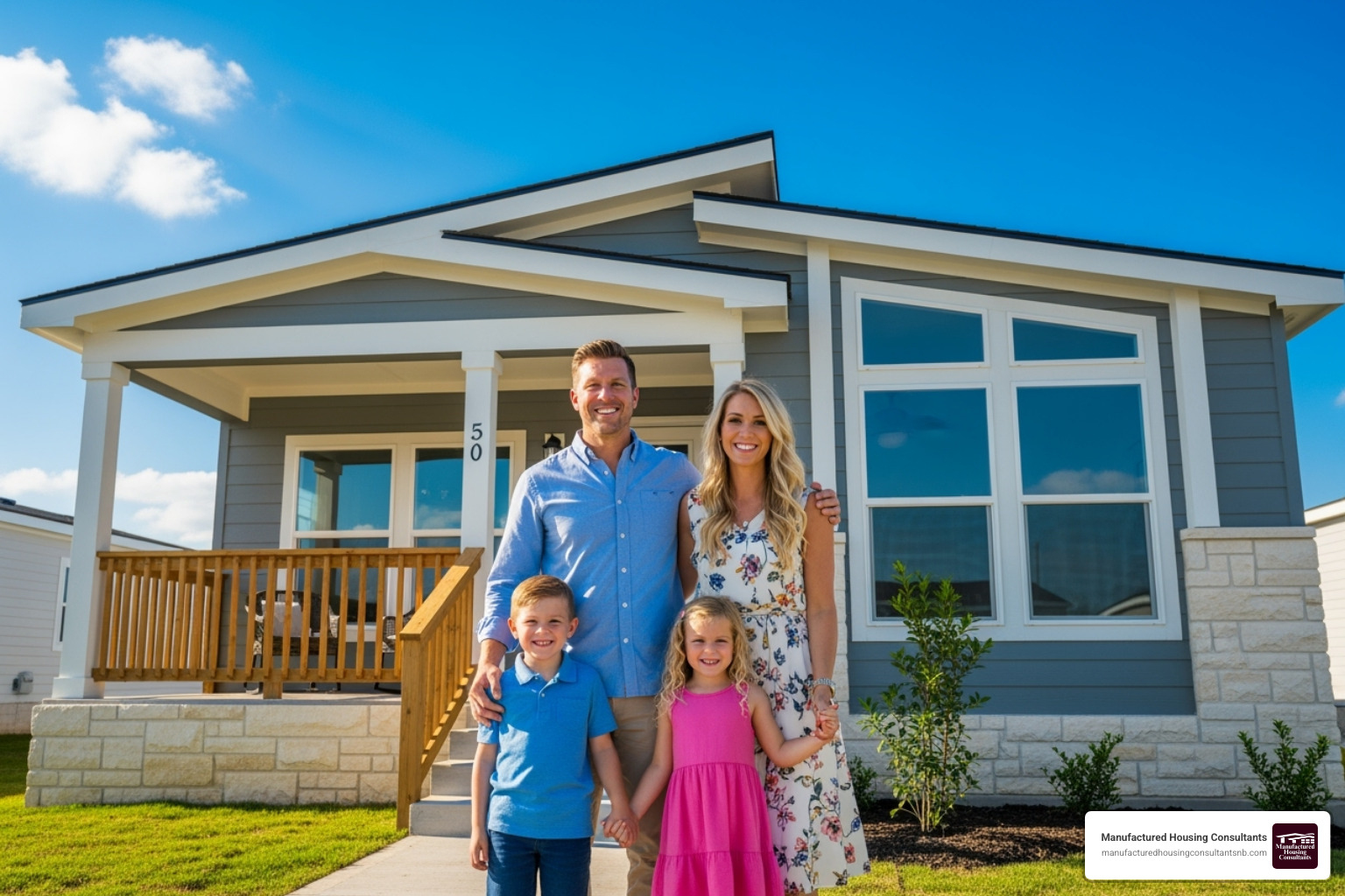 A happy family, including two adults and two children, smiling in front of their newly purchased, modern manufactured home under a clear Texas sky. - repossessed house trailers for sale A happy family, including two adults and two children, smiling in front of their newly purchased, modern manufactured home under a clear Texas sky. - repossessed house trailers for sale