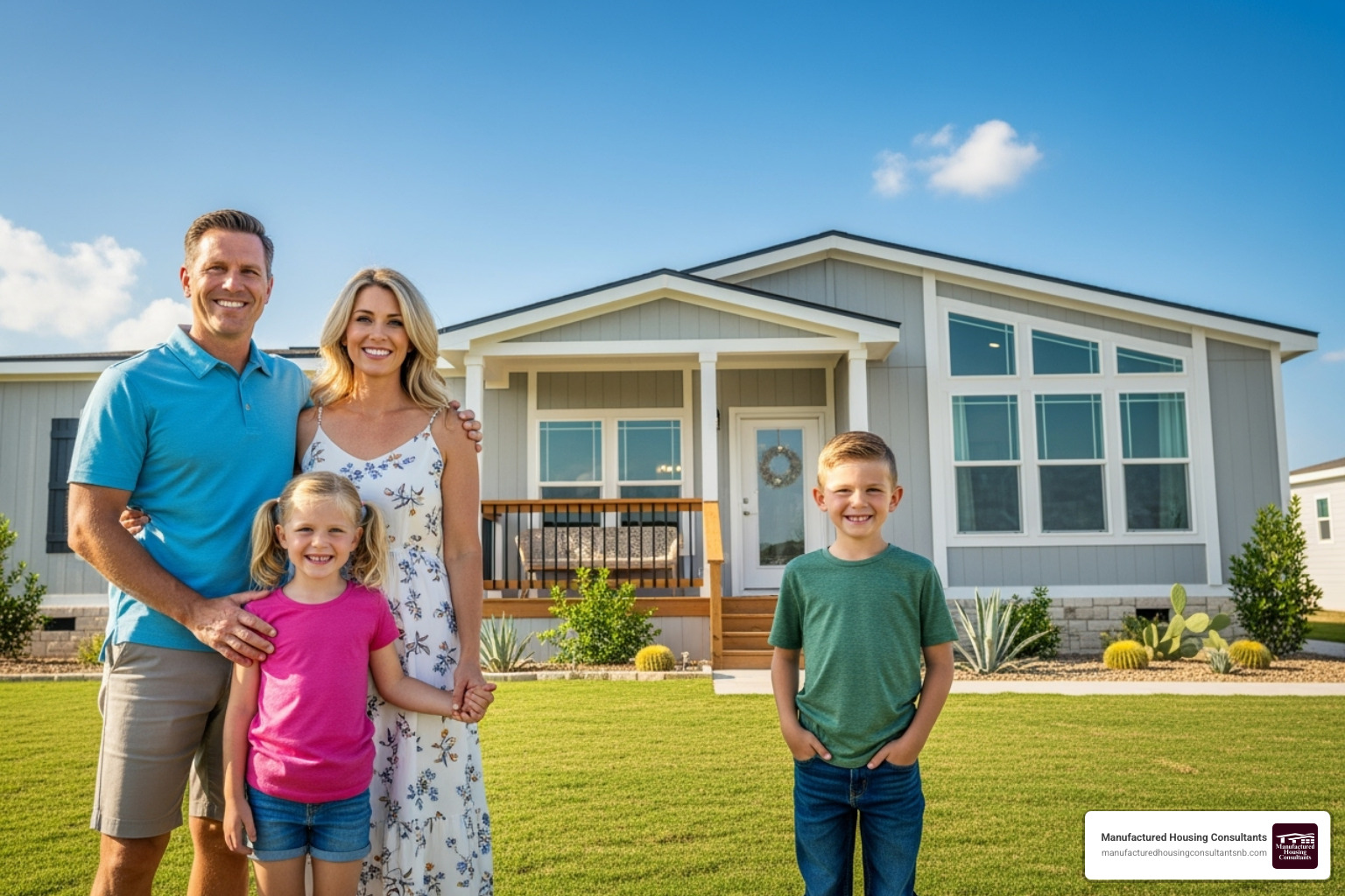 happy family in front of their new manufactured home - what are best brands of mobile homes