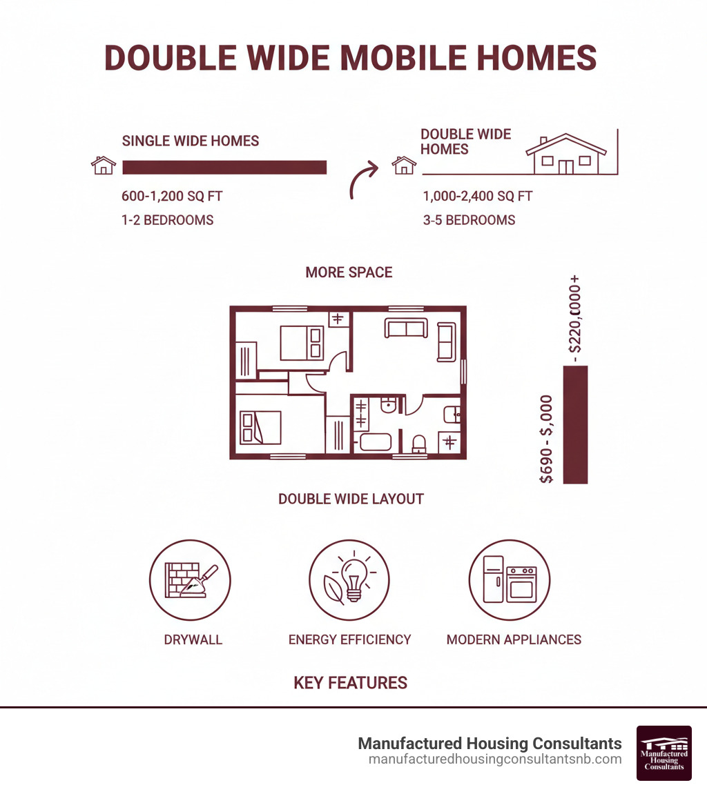 Infographic showing double wide mobile homes ranging from 1,000 to 2,400 square feet with 3-5 bedrooms, comparing size and layout differences between single wide homes (typically 600-1,200 sq ft) and double wide homes, with price ranges from $65,900 to $200,000 and key features like drywall, energy efficiency, and modern appliances - places to buy double wides near me infographic Infographic showing double wide mobile homes ranging from 1,000 to 2,400 square feet with 3-5 bedrooms, comparing size and layout differences between single wide homes (typically 600-1,200 sq ft) and double wide homes, with price ranges from $65,900 to $200,000 and key features like drywall, energy efficiency, and modern appliances - places to buy double wides near me infographic