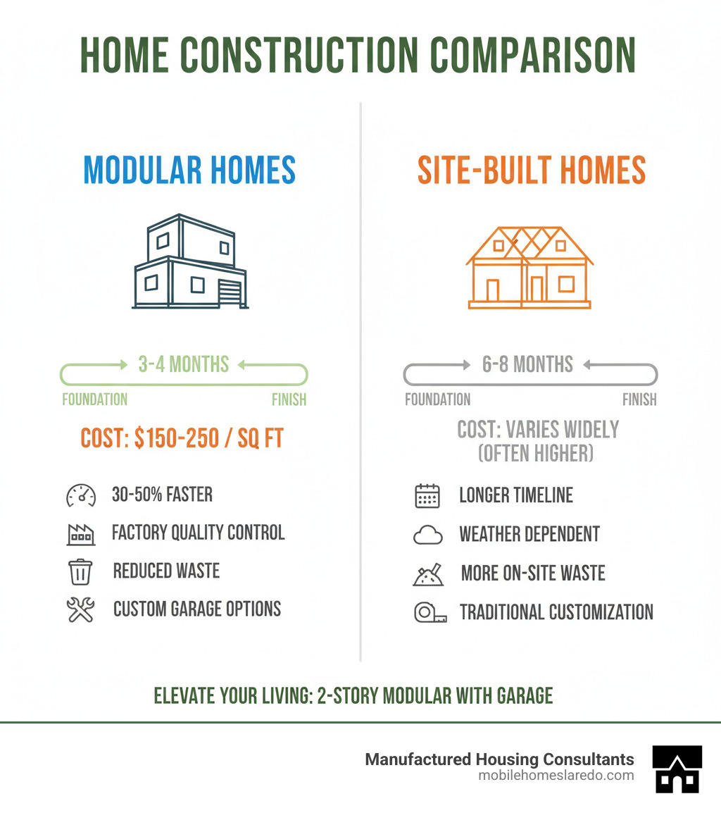 Infographic showing the timeline comparison between modular home construction (3-4 months from foundation to finish) versus site-built homes (6-8 months), with cost breakdown showing modular homes at $150-250 per square foot and highlighting key benefits: 30-50% faster build time, factory quality control, reduced waste, and customization options for garage configurations - 2 story modular homes with garage infographic 