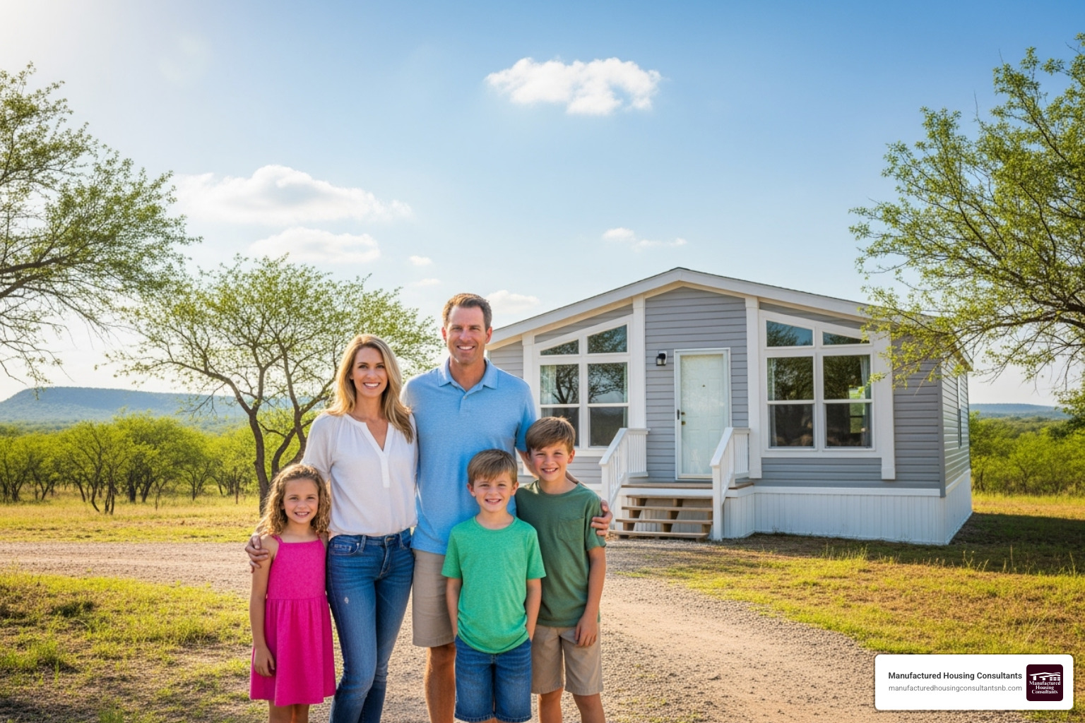 family smiling in front of new home - buying a repo mobile home family smiling in front of new home - buying a repo mobile home
