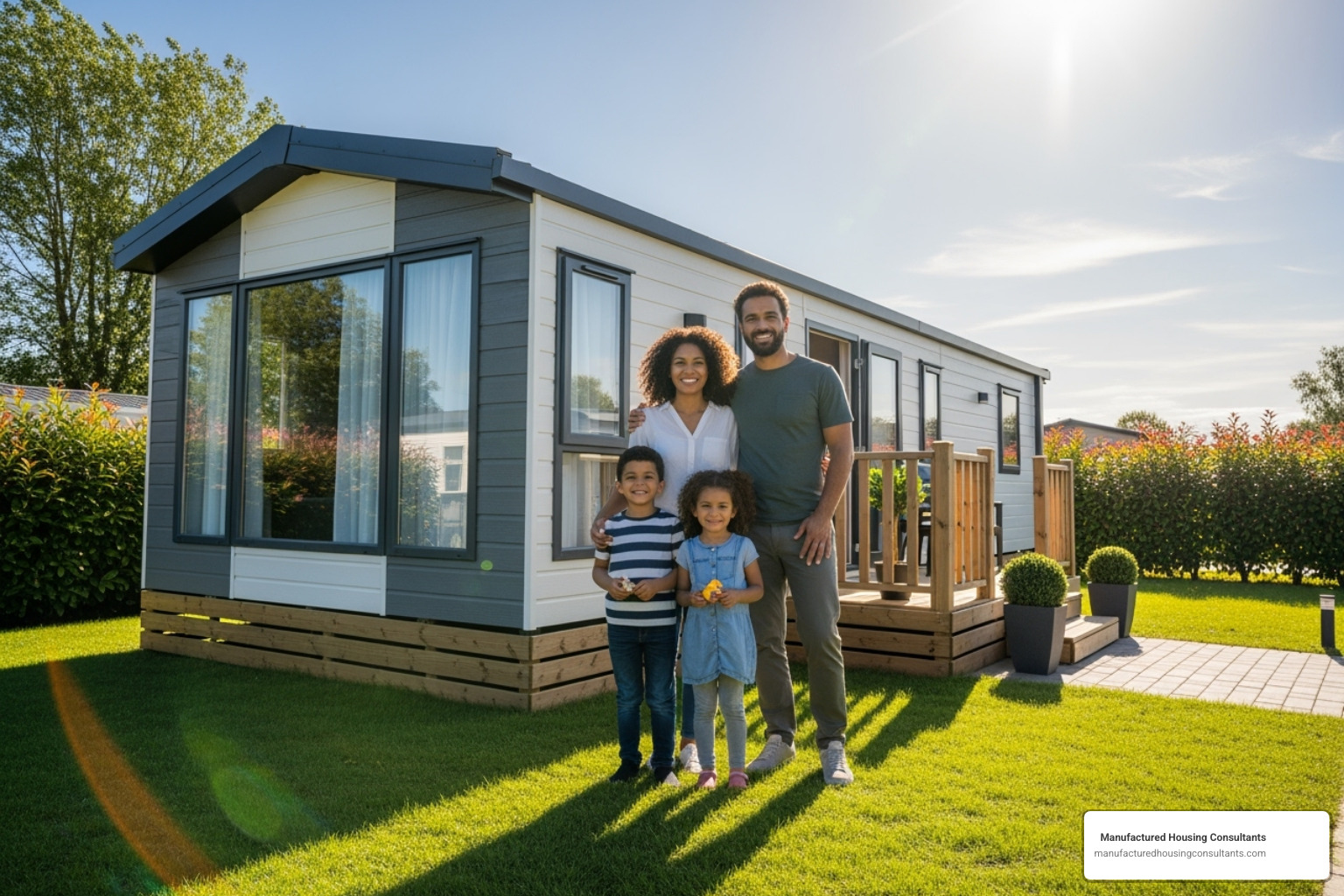 family standing happily in front of their new mobile home - mobile homes under 50k