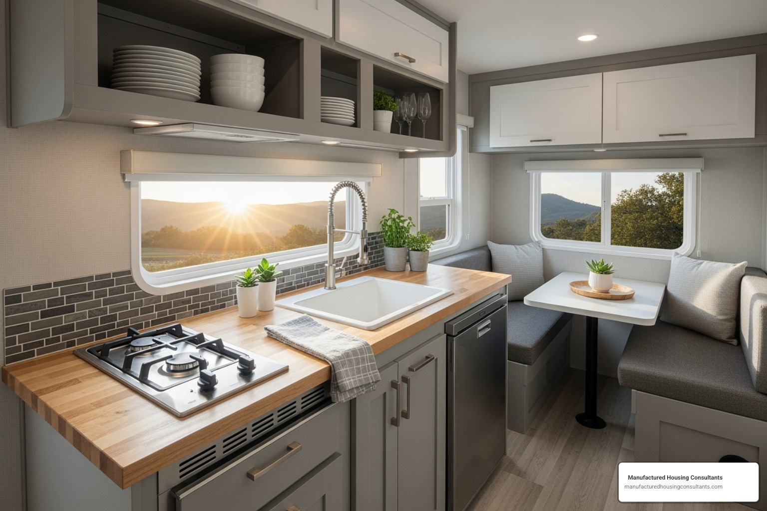 interior of a compact but well-designed mobile home kitchen - mobile homes under 50k