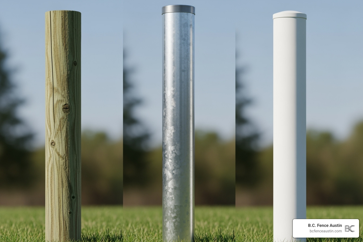 side-by-side comparison showing a pressure-treated wood post, a galvanized steel post, and a white vinyl post - fence post replacement cost