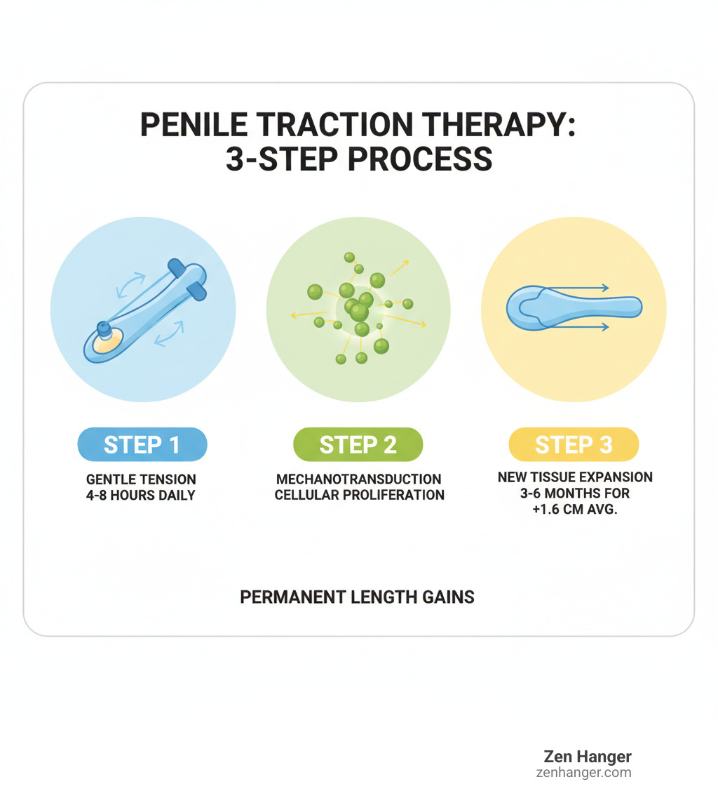 Infographic showing the three-step process of penis traction therapy: Step 1 - Gentle tension is applied to penile tissue through a medical-grade device worn 4-8 hours daily; Step 2 - Mechanotransduction triggers cellular proliferation as tissue responds to sustained stretching; Step 3 - New cells form and tissue expands over 3-6 months, resulting in permanent length gains averaging 1.6 cm - penis traction therapy infographic  Infographic showing the three-step process of penis traction therapy: Step 1 - Gentle tension is applied to penile tissue through a medical-grade device worn 4-8 hours daily; Step 2 - Mechanotransduction triggers cellular proliferation as tissue responds to sustained stretching; Step 3 - New cells form and tissue expands over 3-6 months, resulting in permanent length gains averaging 1.6 cm - penis traction therapy infographic
