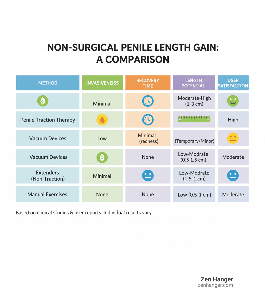 Table comparing Penile Traction Therapy with other non-surgical approaches on key metrics like invasiveness, recovery time, potential for length gain, and typical user satisfaction - penis traction therapy infographic  Table comparing Penile Traction Therapy with other non-surgical approaches on key metrics like invasiveness, recovery time, potential for length gain, and typical user satisfaction - penis traction therapy infographic