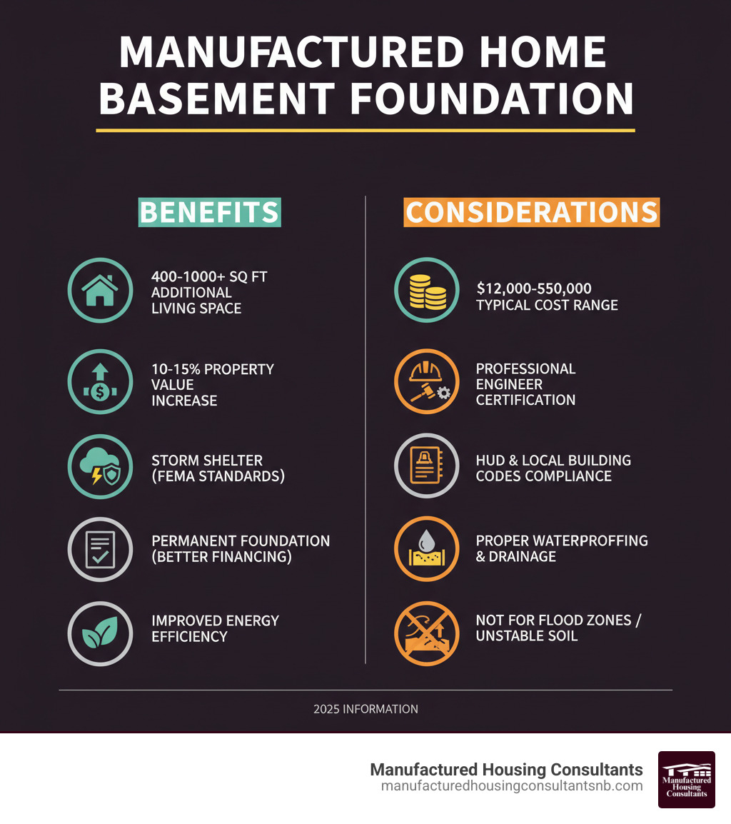 Infographic showing manufactured home basement foundation benefits and considerations: Benefits include 400-1000+ sq ft additional living space, 10-15% increase in property value, natural storm shelter meeting FEMA standards, qualifies as permanent foundation for better financing, and improved energy efficiency. Considerations include $12,000-$50,000 typical cost range, requires professional engineer certification, must meet HUD and local building codes, needs proper waterproofing and drainage systems, and not suitable for flood zones or unstable soil - manufactured home basement foundation infographic  Infographic showing manufactured home basement foundation benefits and considerations: Benefits include 400-1000+ sq ft additional living space, 10-15% increase in property value, natural storm shelter meeting FEMA standards, qualifies as permanent foundation for better financing, and improved energy efficiency. Considerations include $12,000-$50,000 typical cost range, requires professional engineer certification, must meet HUD and local building codes, needs proper waterproofing and drainage systems, and not suitable for flood zones or unstable soil - manufactured home basement foundation infographic