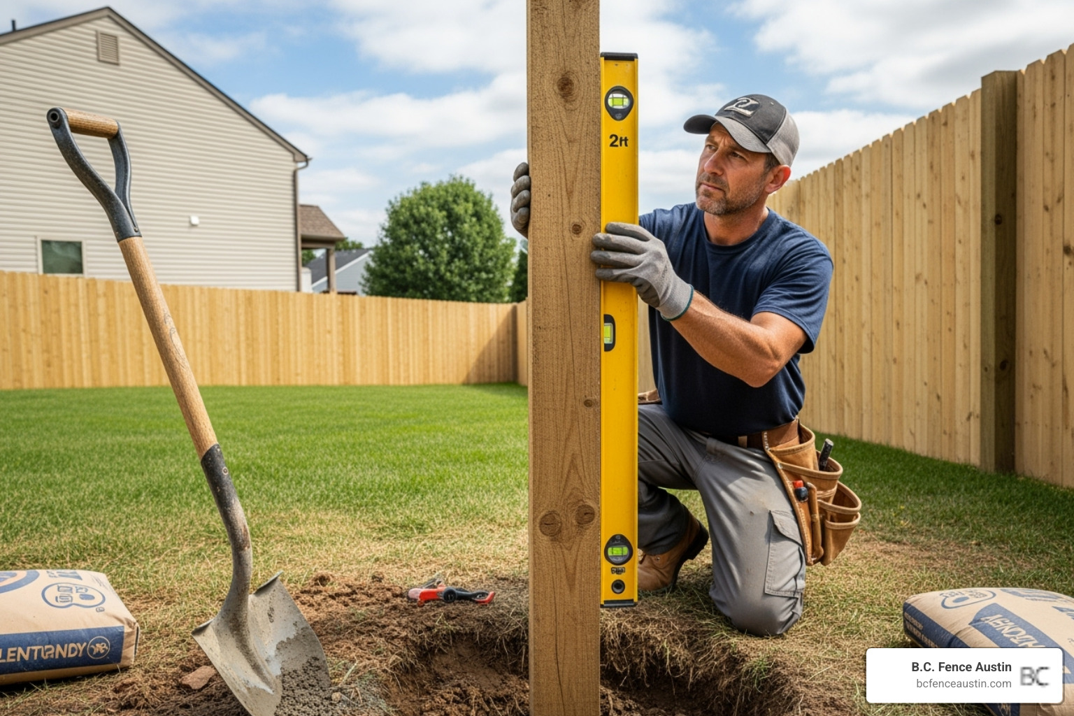 professional fence installer using a level to ensure a new post is perfectly plumb before setting it in concrete - fence post replacement cost