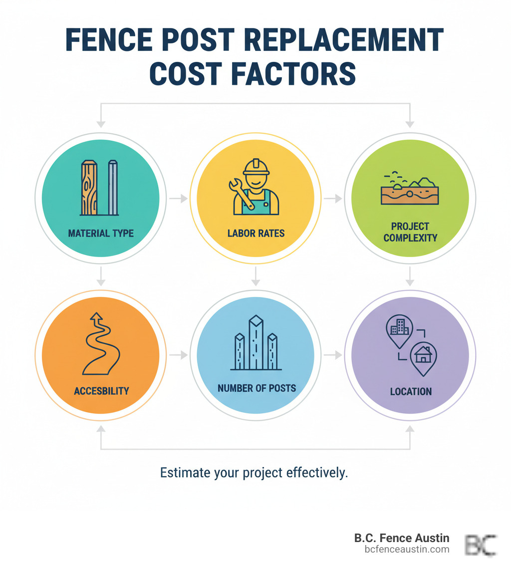 infographic showing the key factors that influence fence post replacement cost, including material type with wood and metal post icons, labor rates with worker icon, project complexity with terrain illustration, accessibility with narrow pathway icon, number of posts with multiple post icons, and location with urban versus rural map markers - fence post replacement cost infographic 