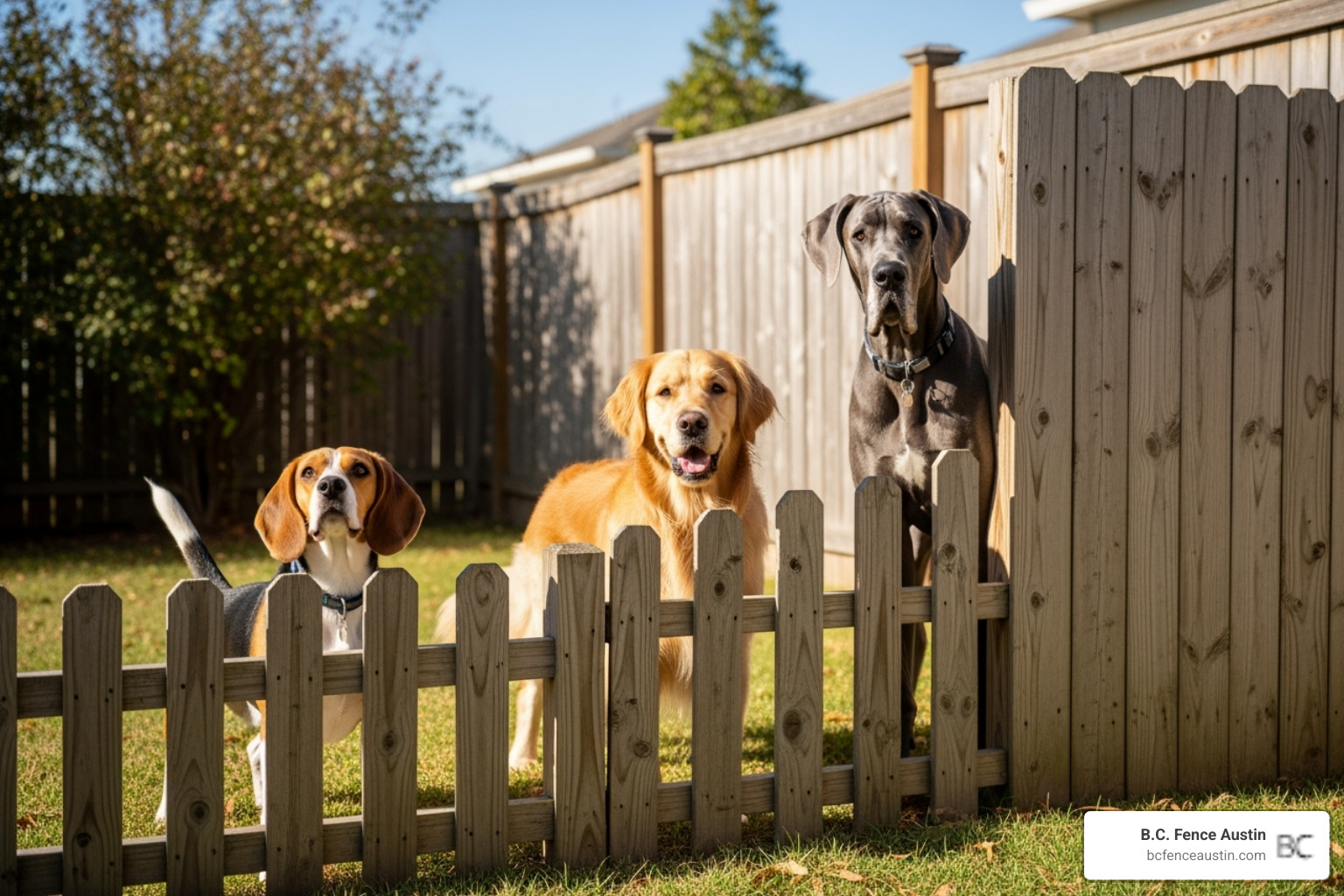 different fence heights next to various dog breeds, e.g., a Beagle, a Golden Retriever, a Great Dane - dog fencing different fence heights next to various dog breeds, e.g., a Beagle, a Golden Retriever, a Great Dane - dog fencing