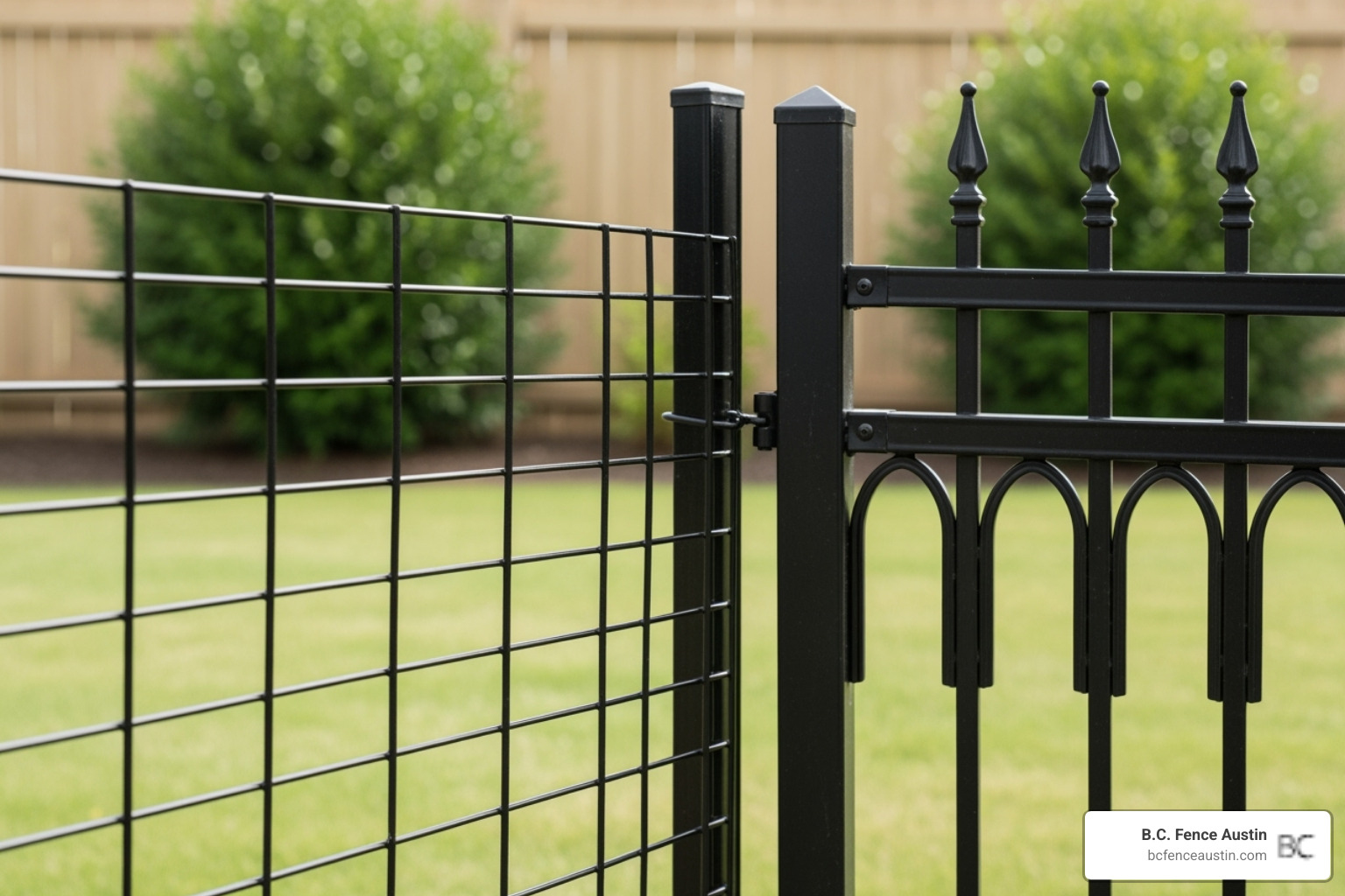 different dog fence materials side-by-side, such as black welded wire and ornamental metal fencing - dog fencing different dog fence materials side-by-side, such as black welded wire and ornamental metal fencing - dog fencing