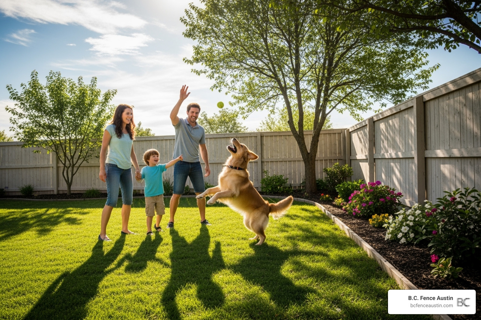family with their dog enjoying their securely fenced backyard - dog fencing family with their dog enjoying their securely fenced backyard - dog fencing