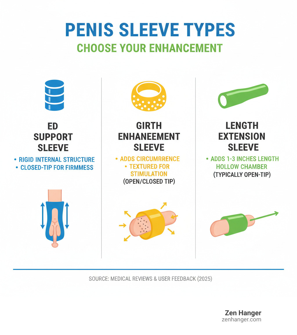 Infographic comparing three types of penis sleeves: ED Support Sleeve (provides rigid structure for flaccid penis, closed-tip design for firmness), Girth Enhancement Sleeve (adds circumference, textured for partner stimulation, open or closed tip), and Length Extension Sleeve (adds 1-3 inches length, hollow chamber design, typically open-tip for sensitivity) - penis extender sleeve review infographic 