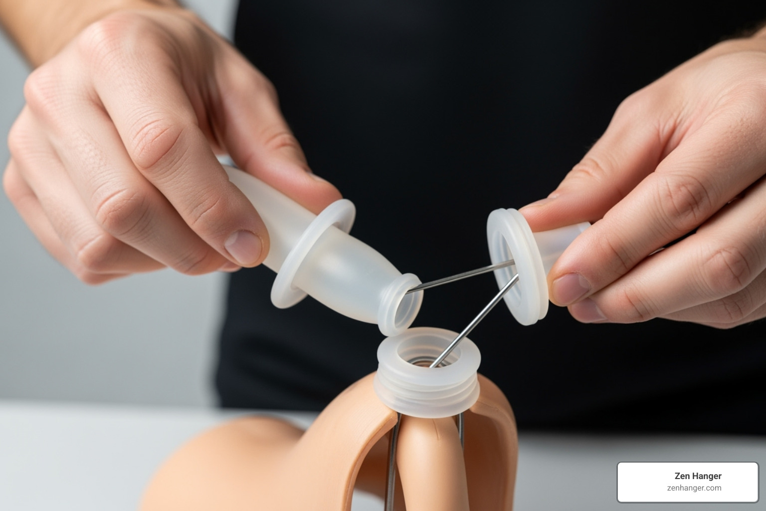 man correctly fitting a penis extender device - safe male enhancement products