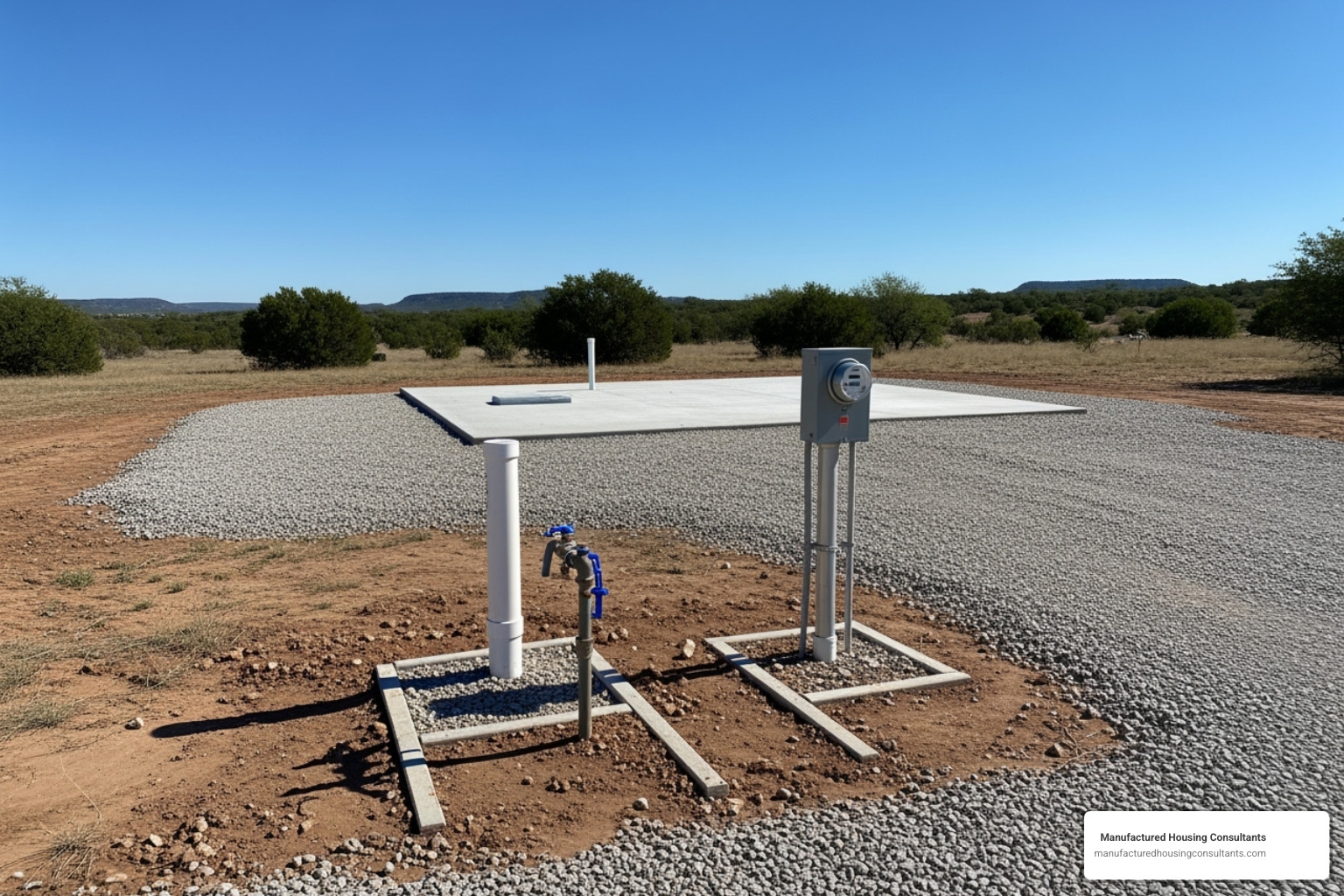 prepared lot in Texas with visible utility stubs - mobile home utility hookup