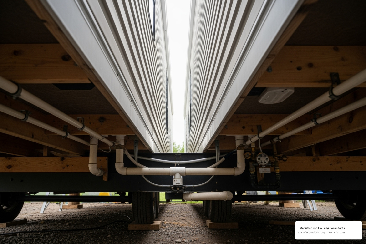 marriage line of a double-wide home showing crossover utility connections - mobile home utility hookup