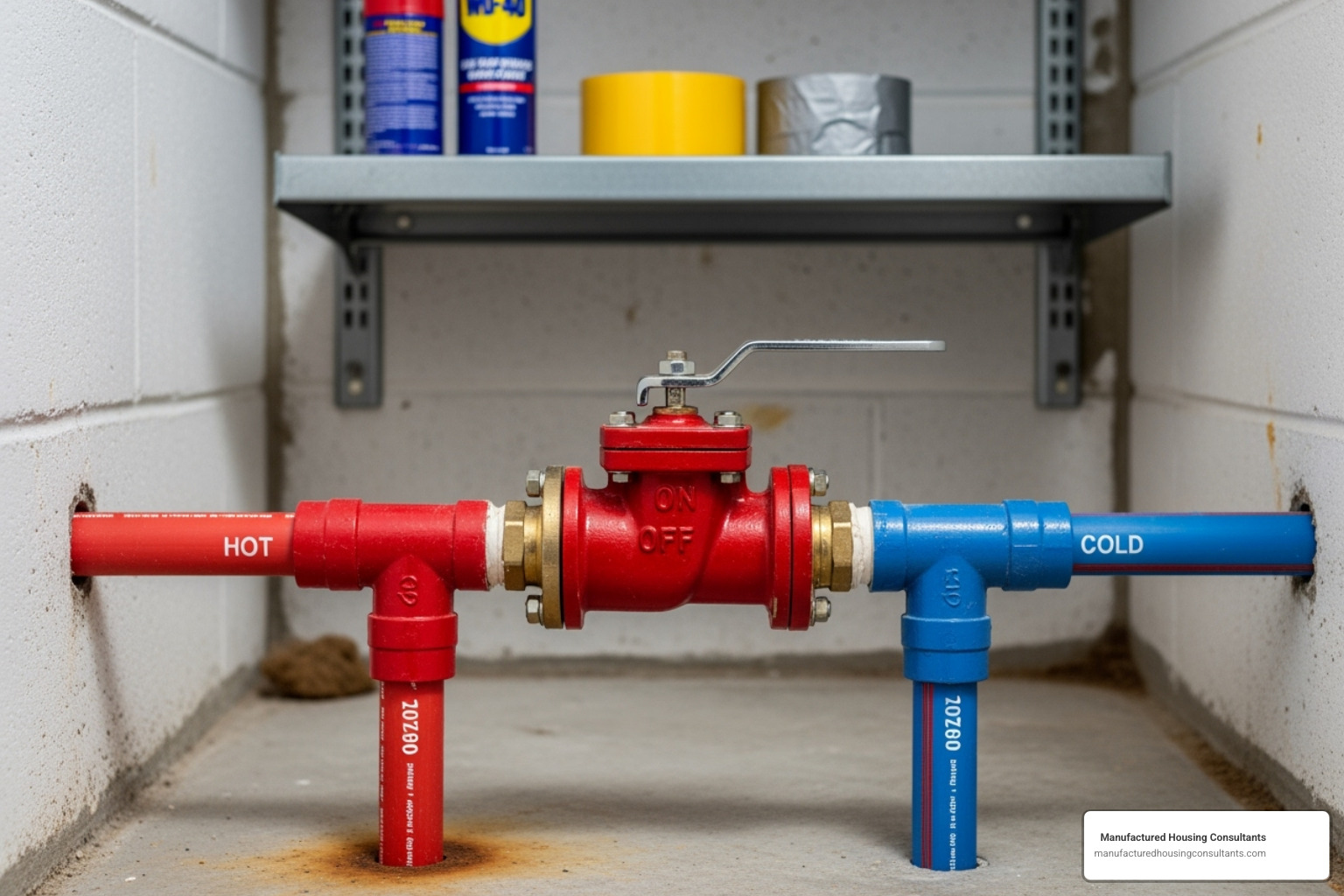 main water shut-off valve on a PEX pipe in a Texas home - mobile home utility hookup